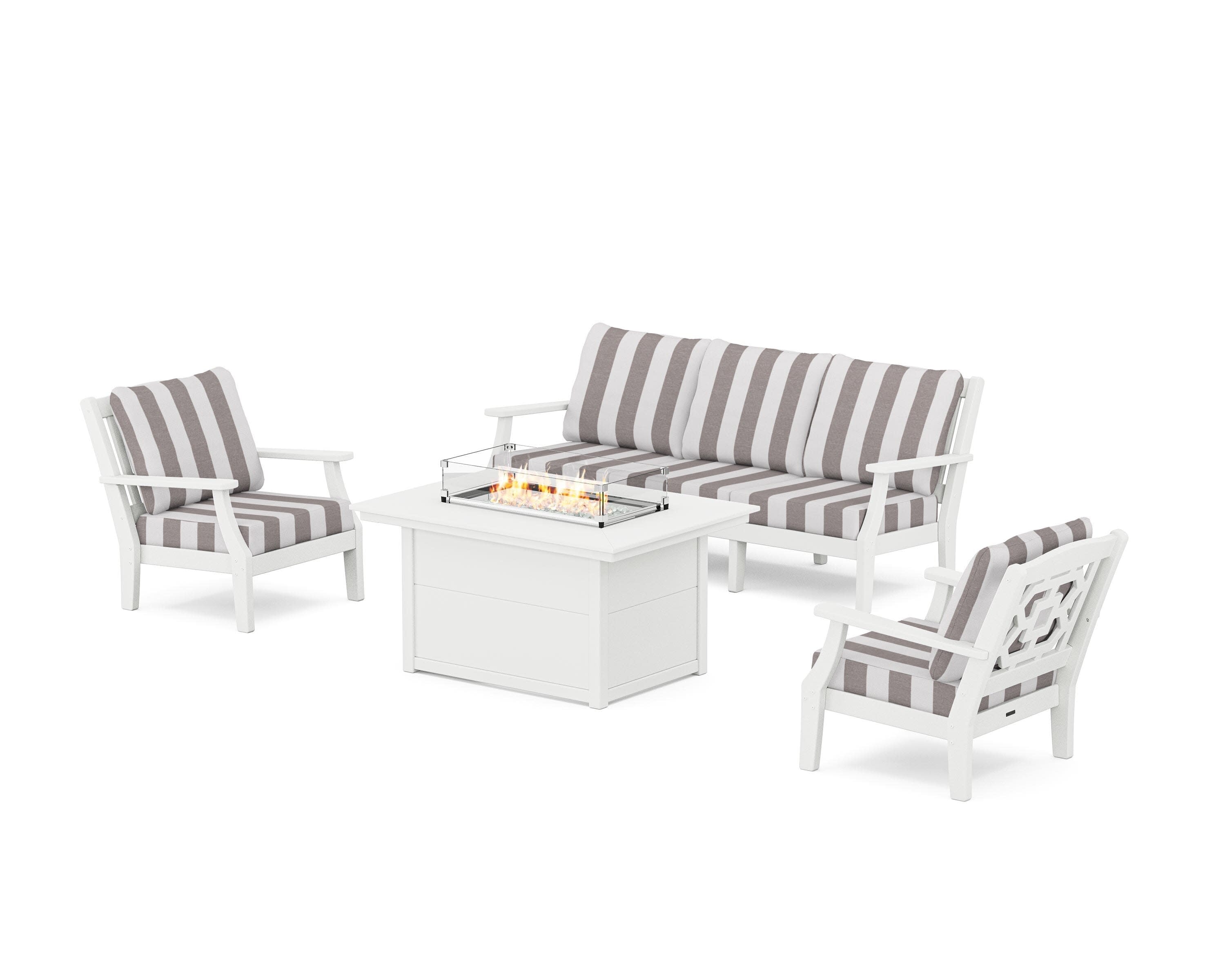 Chinoiserie Deep Seating Fire Pit Table Set in White / Cabana Stripe Grey Mist