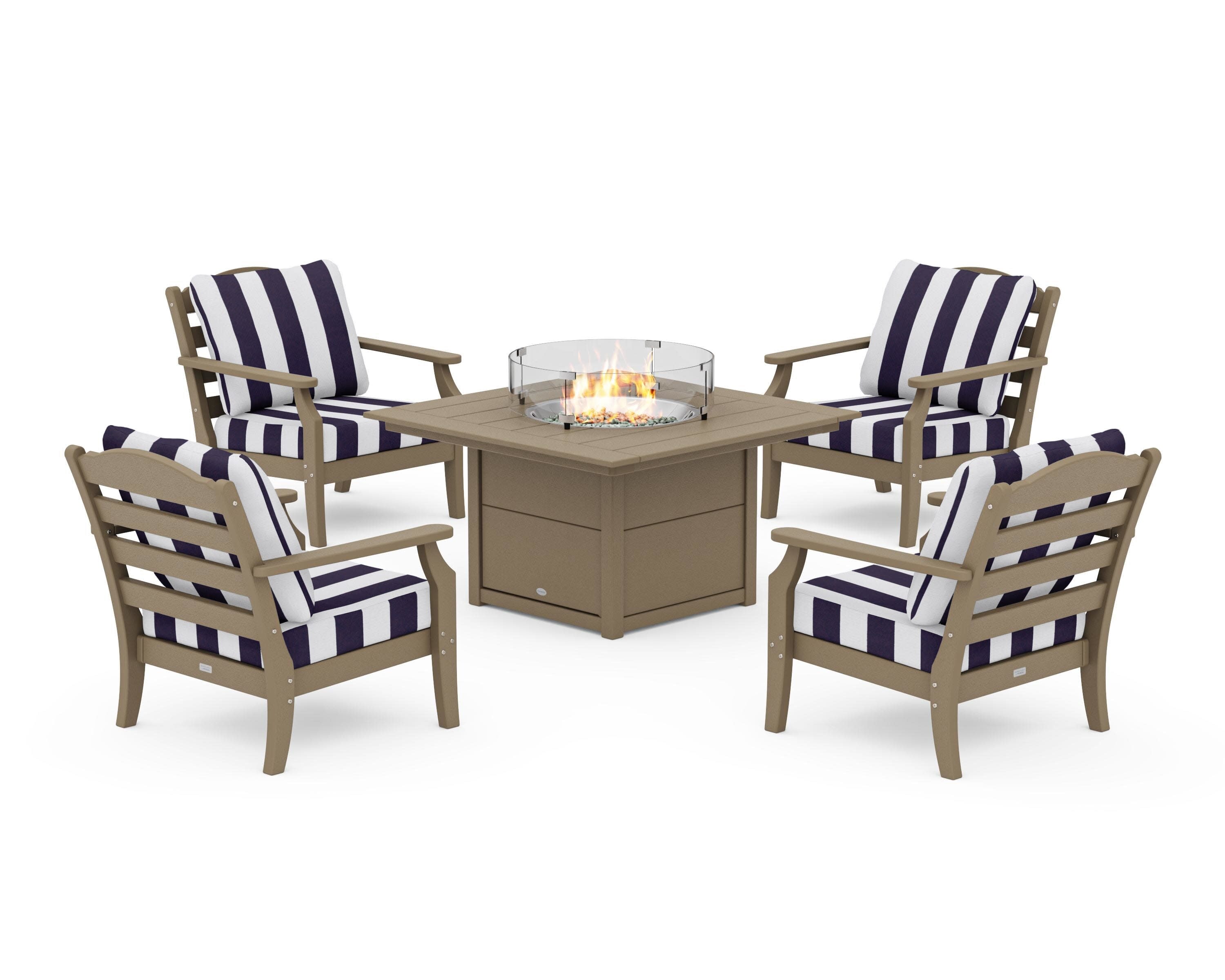 Savannah 5-Piece Deep Seating Set with Fire Pit Table in Vintage Sahara / Cabana Stripe Navy