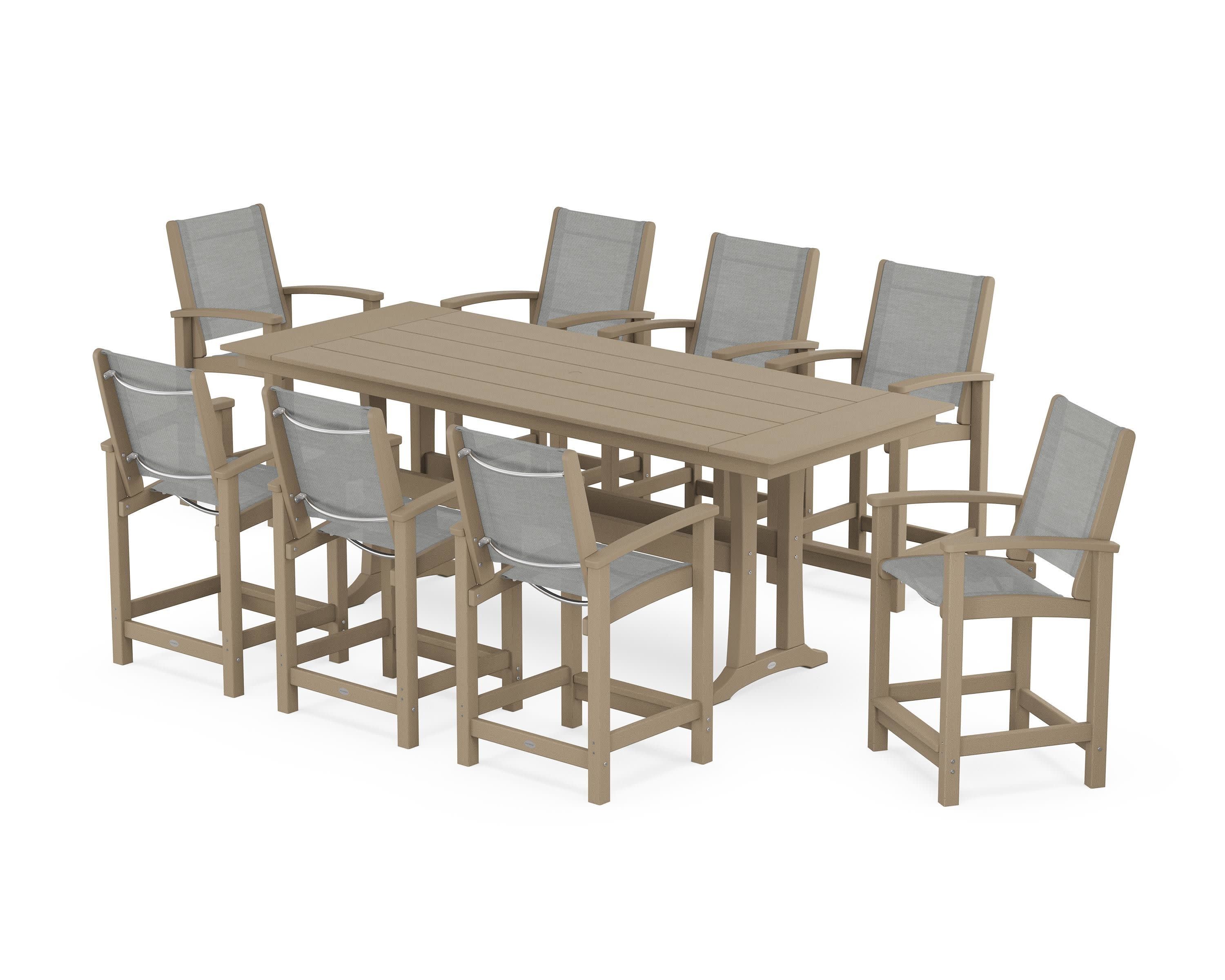 Coastal 9-Piece Farmhouse Counter Set with Trestle Legs in Vintage Sahara / Metallic Sling