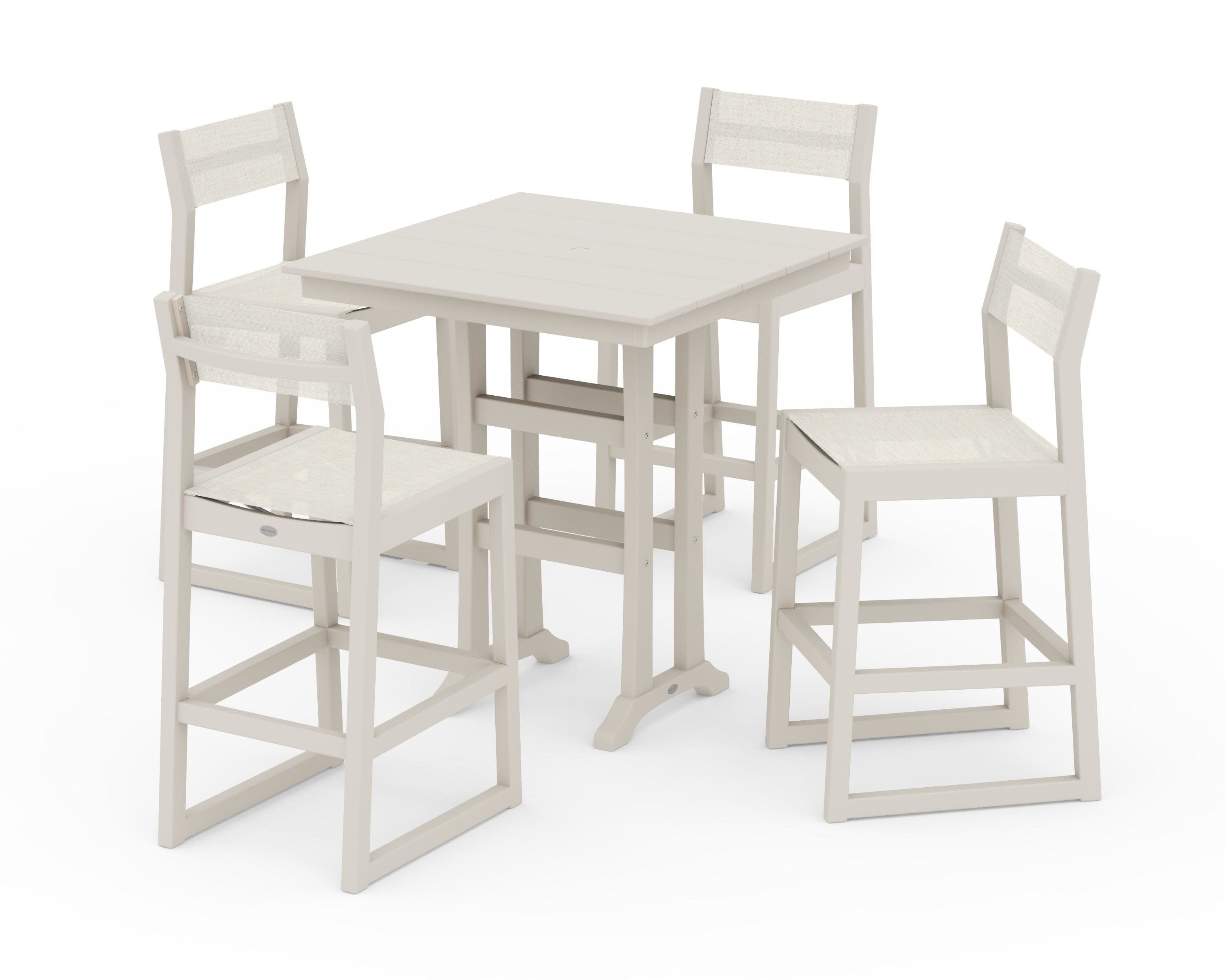 EDGE Sling Arm Chair 5-Piece Farmhouse Bar Set with Trestle Legs in Sand / Parchment Sling