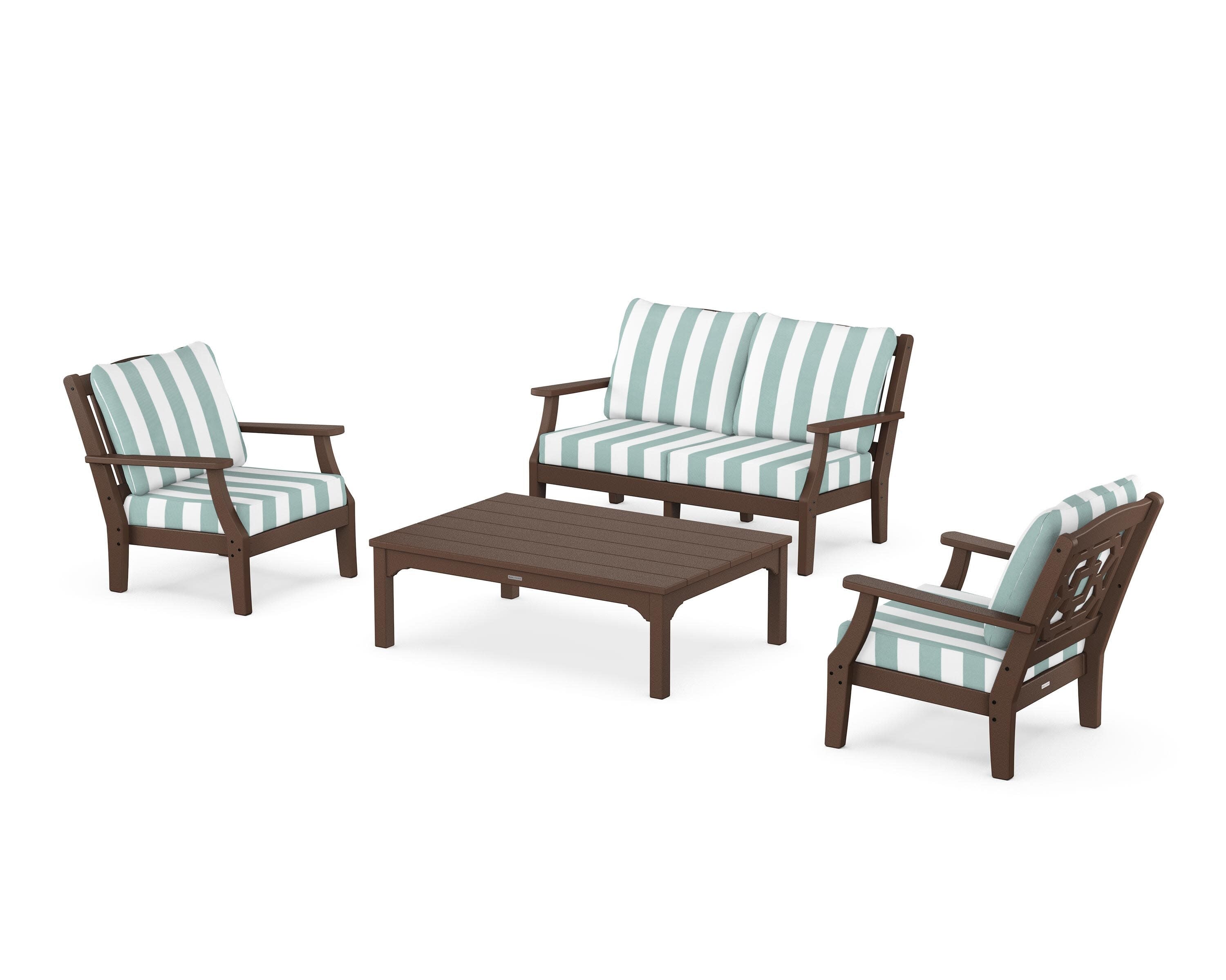 Chinoiserie 4-Piece Deep Seating Set with Loveseat in Mahogany / Cabana Stripe Glacier Spa