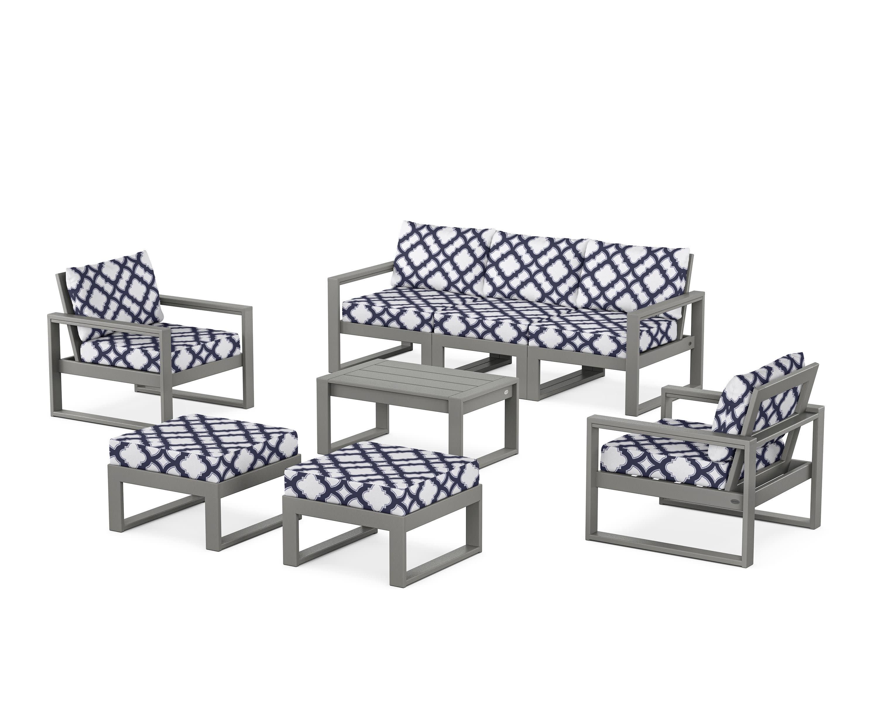 EDGE Sectional 8-Piece Lounge Sofa Set in Slate Grey / Trellis Navy