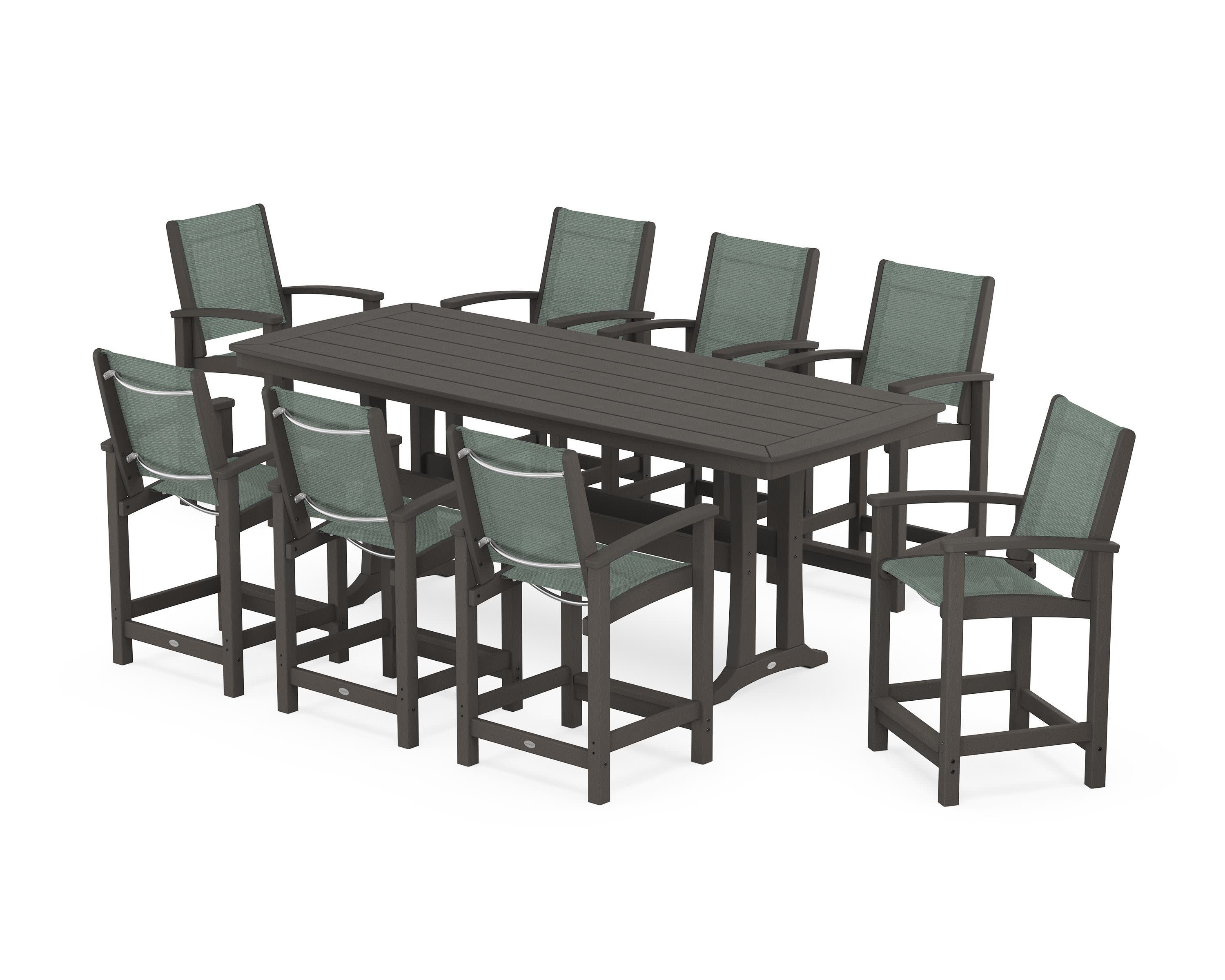 Coastal 9-Piece Counter Set with Trestle Legs in Vintage Coffee / Dupioni Sea Mist Sling