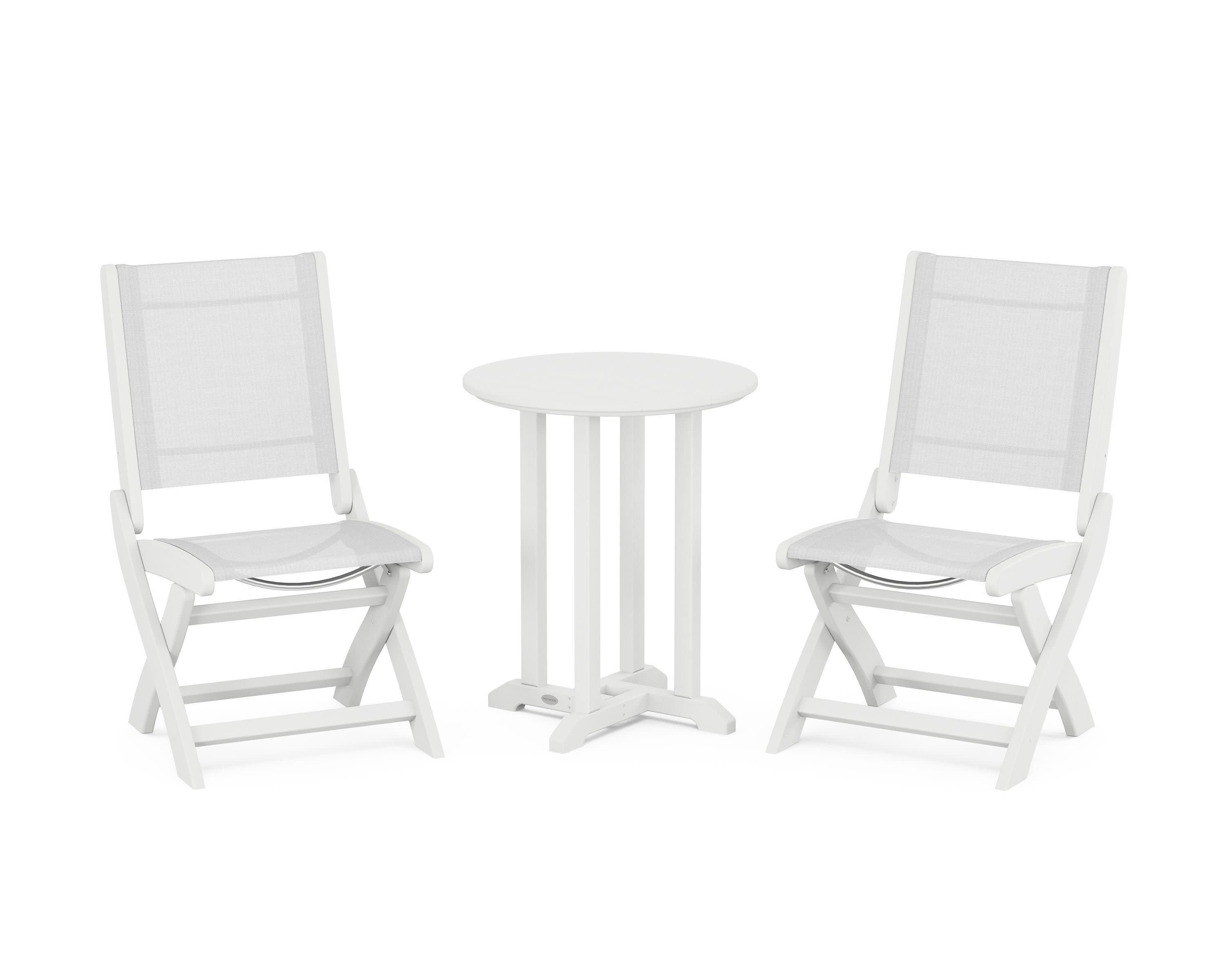 Coastal Folding Side Chair 3-Piece Round Bistro Dining Set in White / White Sling