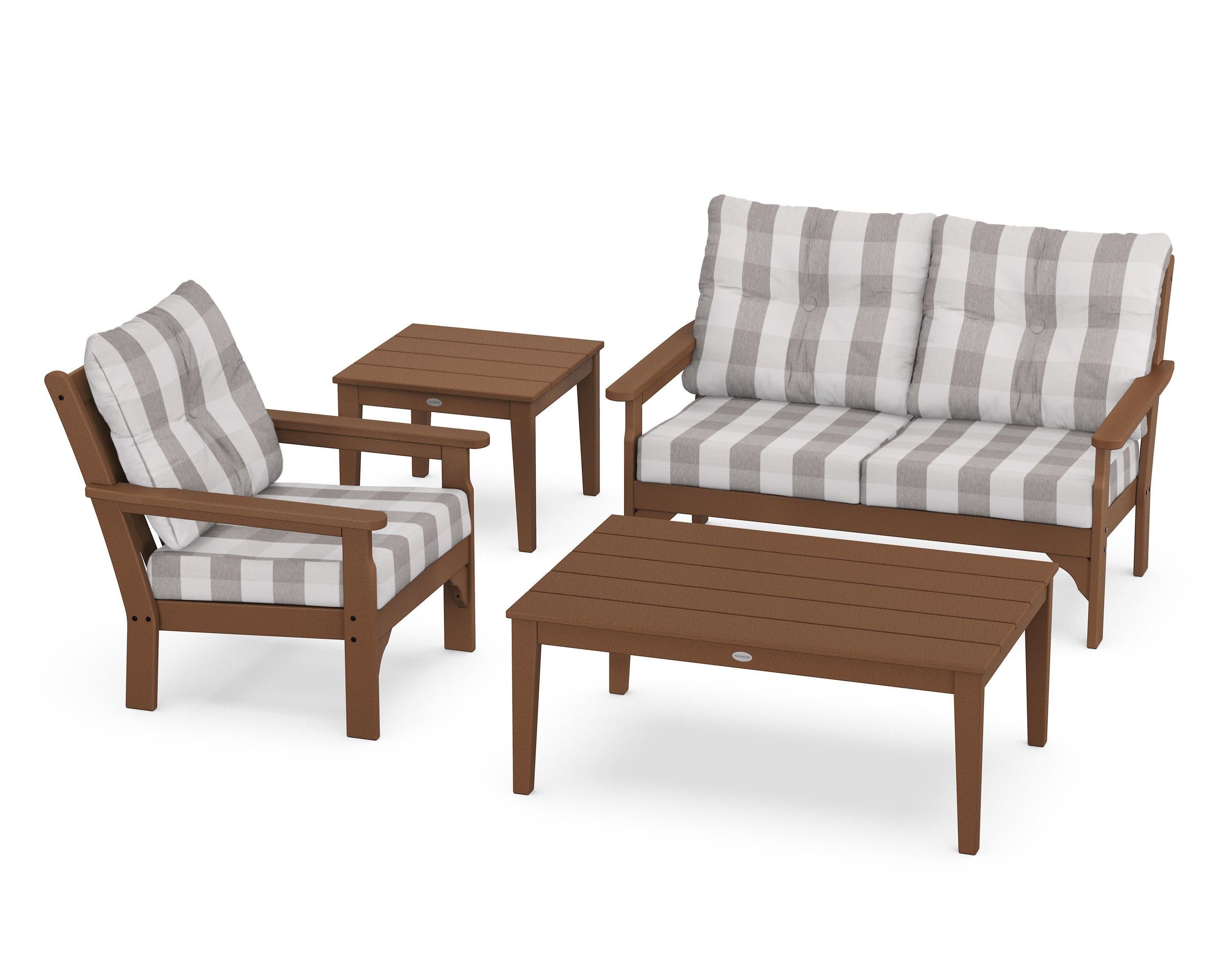 Vineyard 4-Piece Deep Seating Set in Teak / Buffalo Plaid Grey Mist
