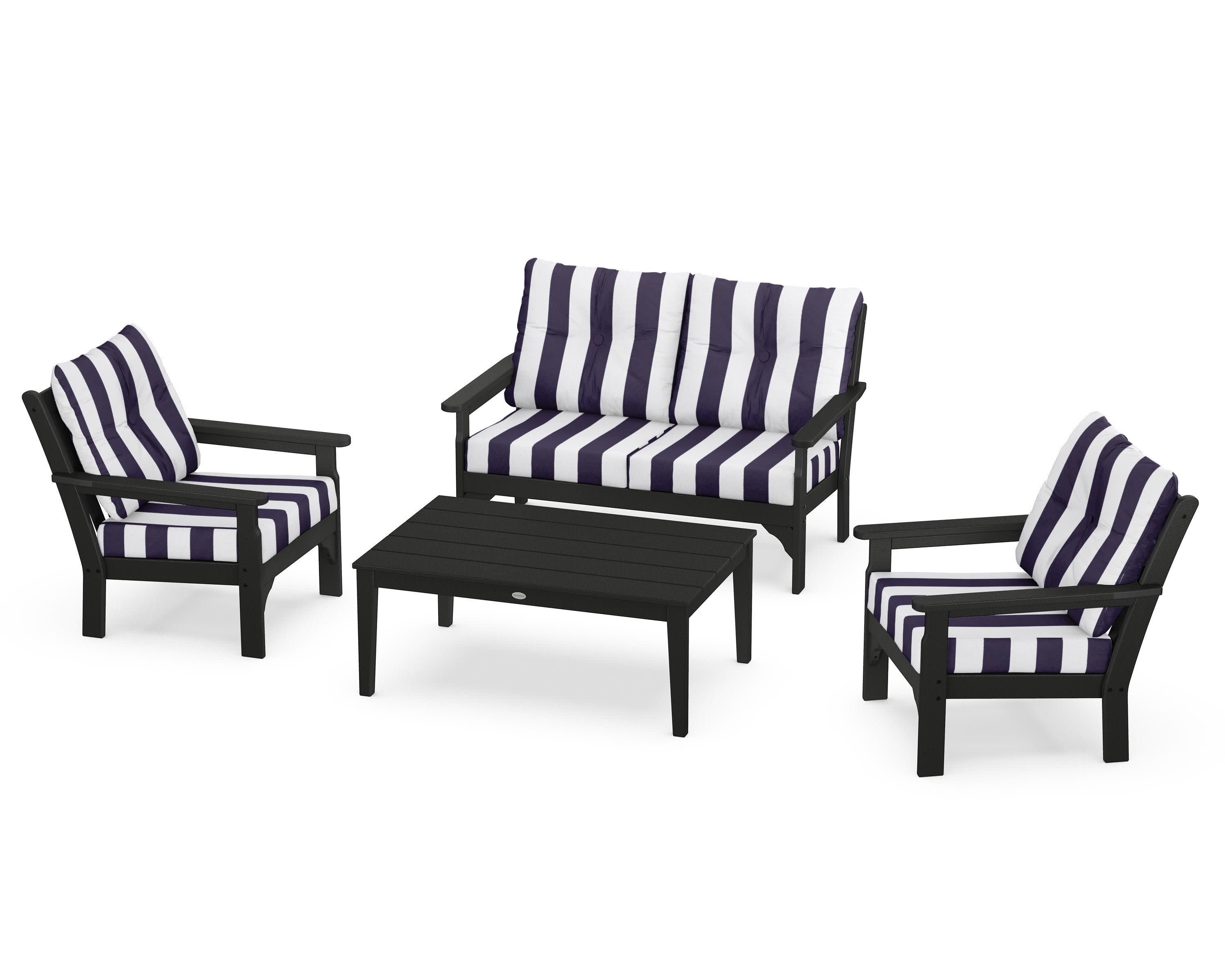 Vineyard 4-Piece Deep Seating Set in Black / Cabana Stripe Navy
