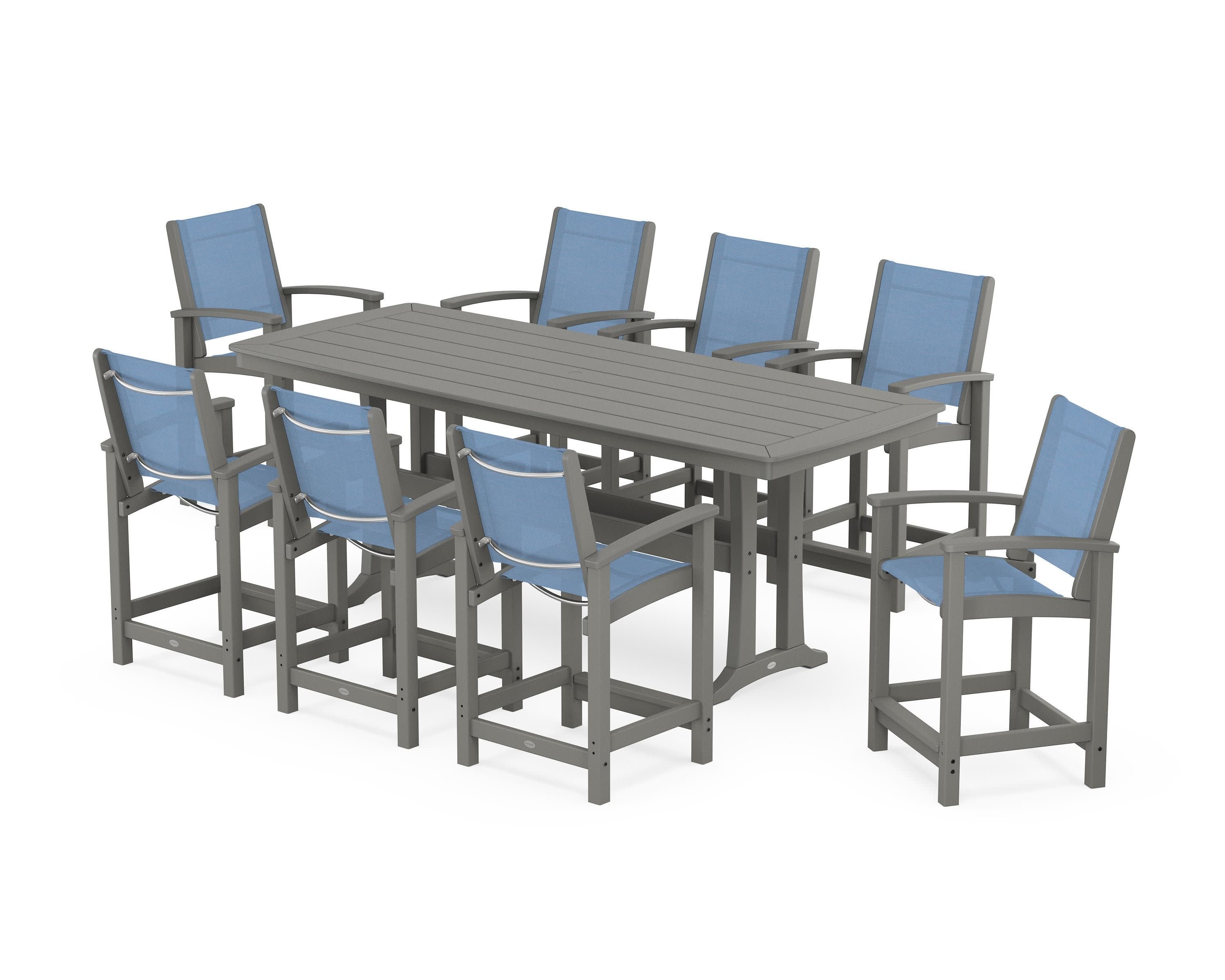 Coastal 9-Piece Counter Set with Trestle Legs in Slate Grey / Poolside Sling