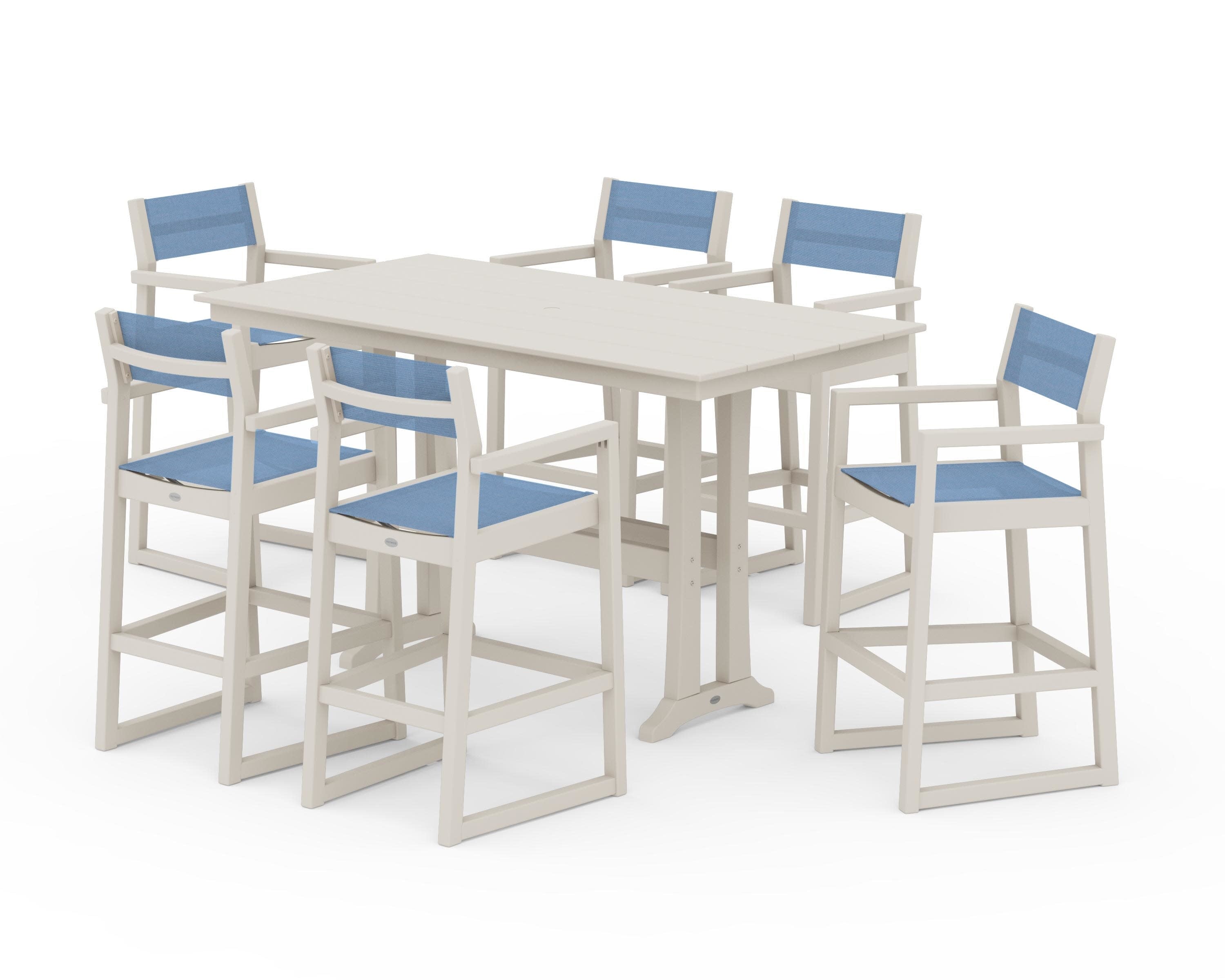 EDGE Sling Arm Chair 7-Piece Farmhouse Bar Set with Trestle Legs in Sand / Poolside Sling