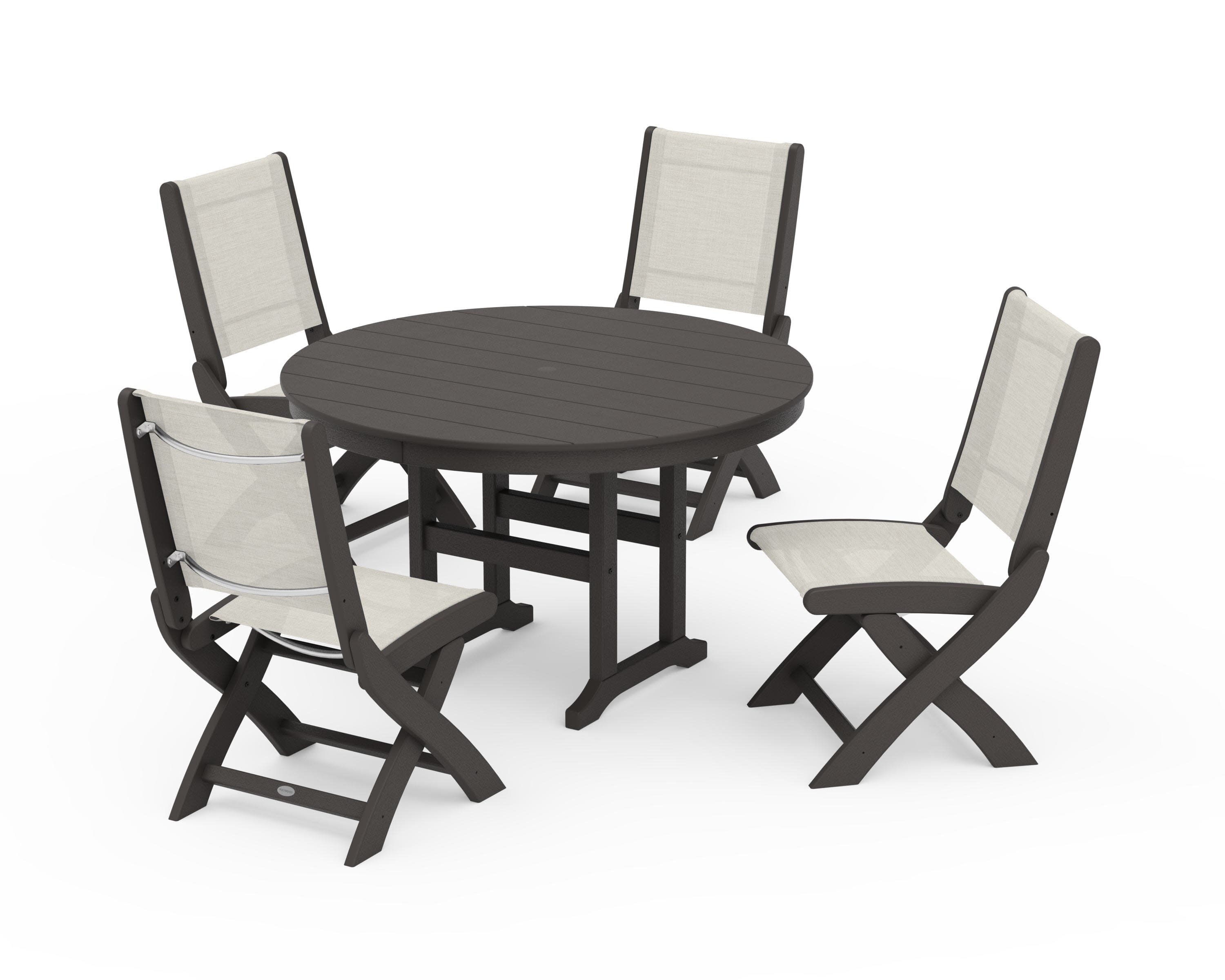 Coastal Folding Side Chair 5-Piece Round Dining Set in Vintage Coffee / Parchment Sling