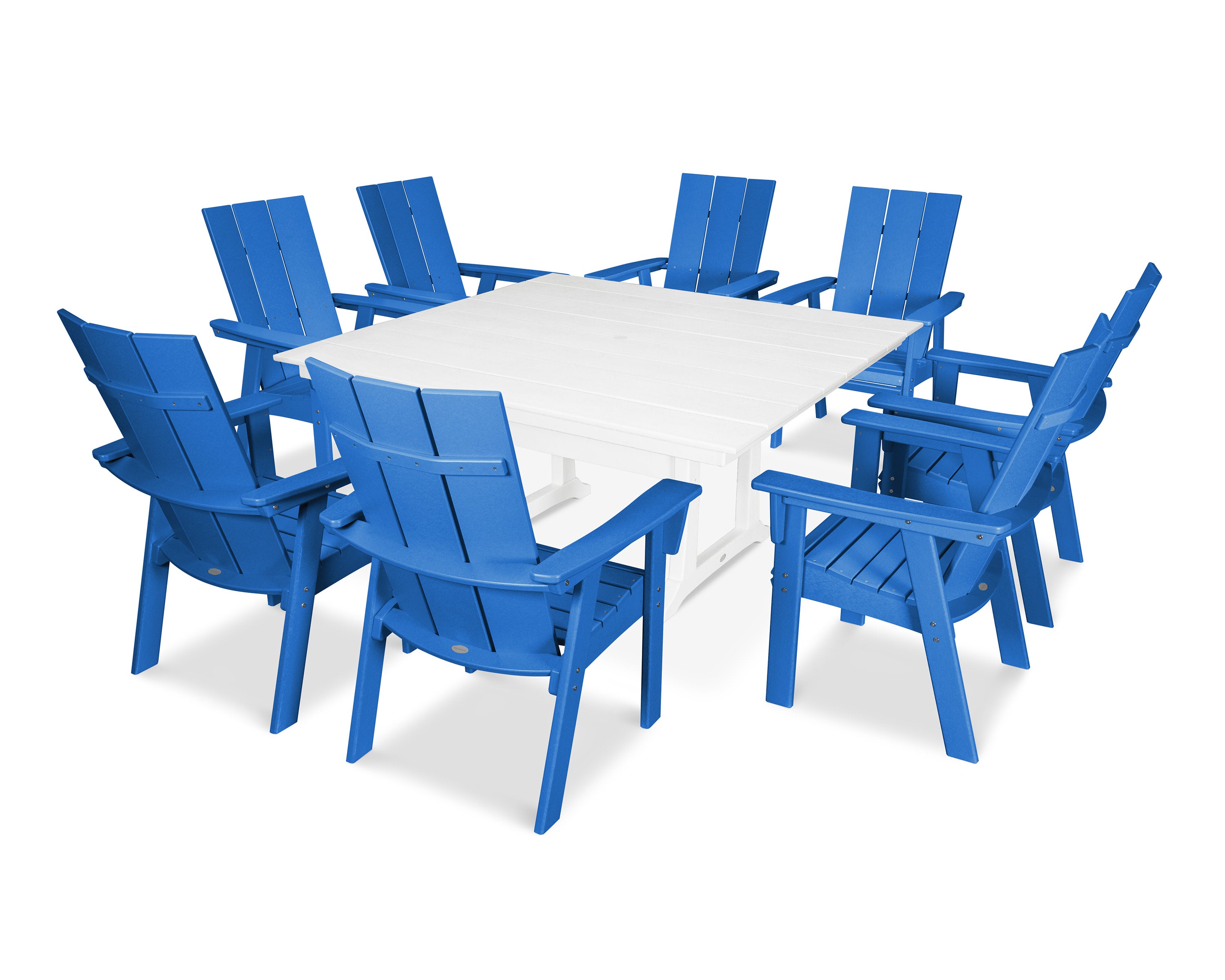 Modern Curveback Adirondack 9-Piece Farmhouse Trestle Dining Set in Pacific Blue / White