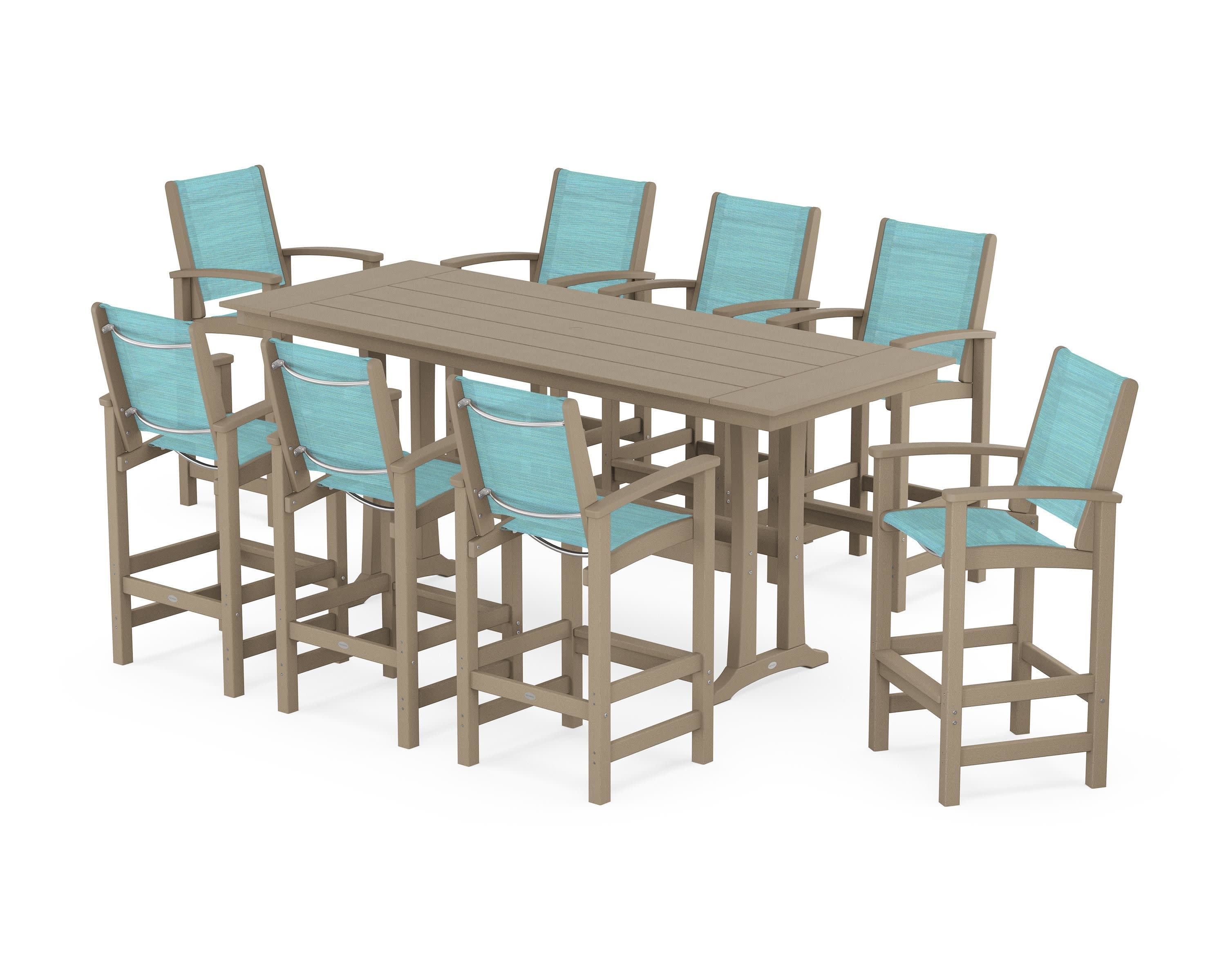 Coastal 9-Piece Farmhouse Bar Set with Trestle Legs in Vintage Sahara / Dupioni Aquamarine Sling
