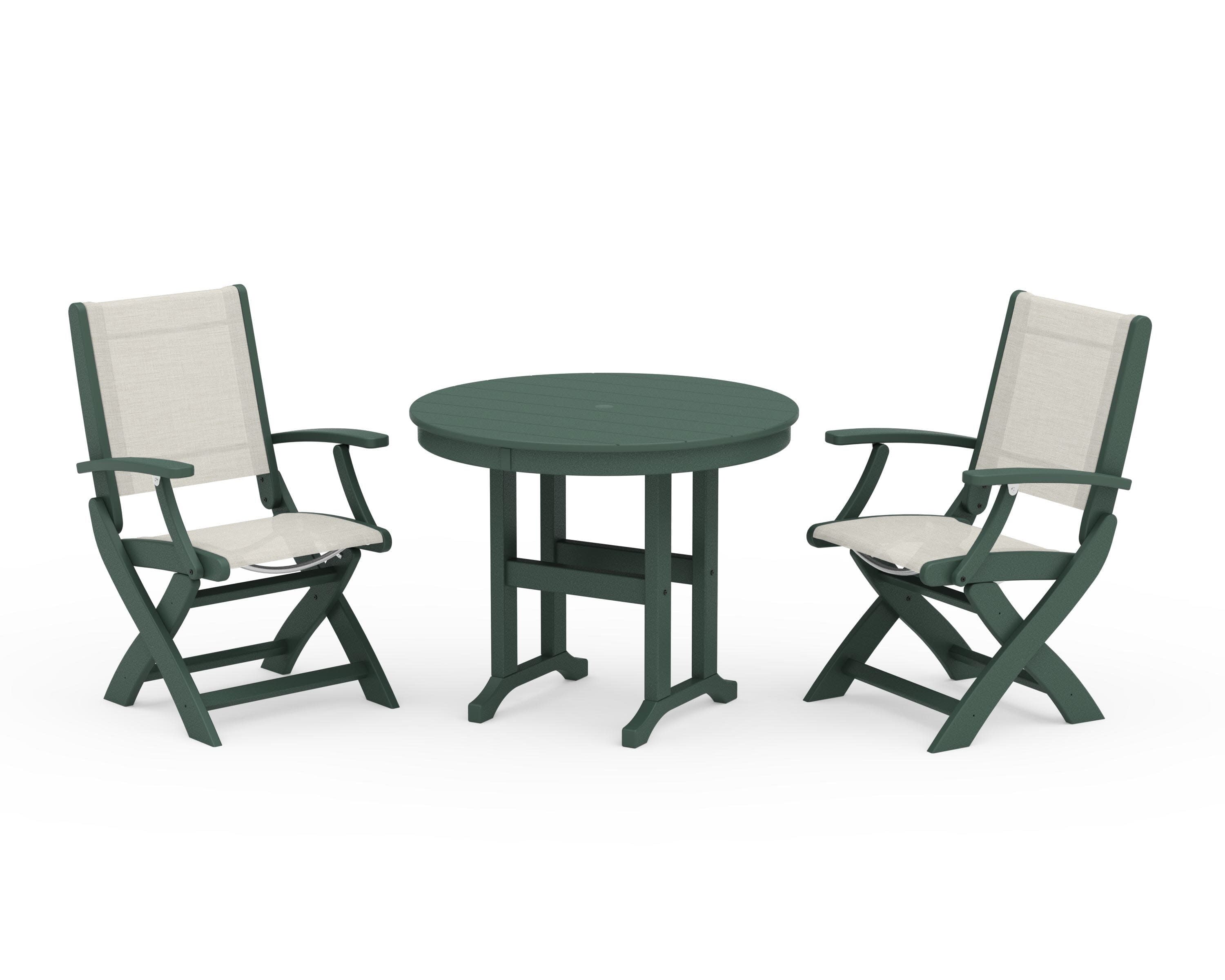 Coastal Folding Chair 3-Piece Round Dining Set in Green / Parchment Sling