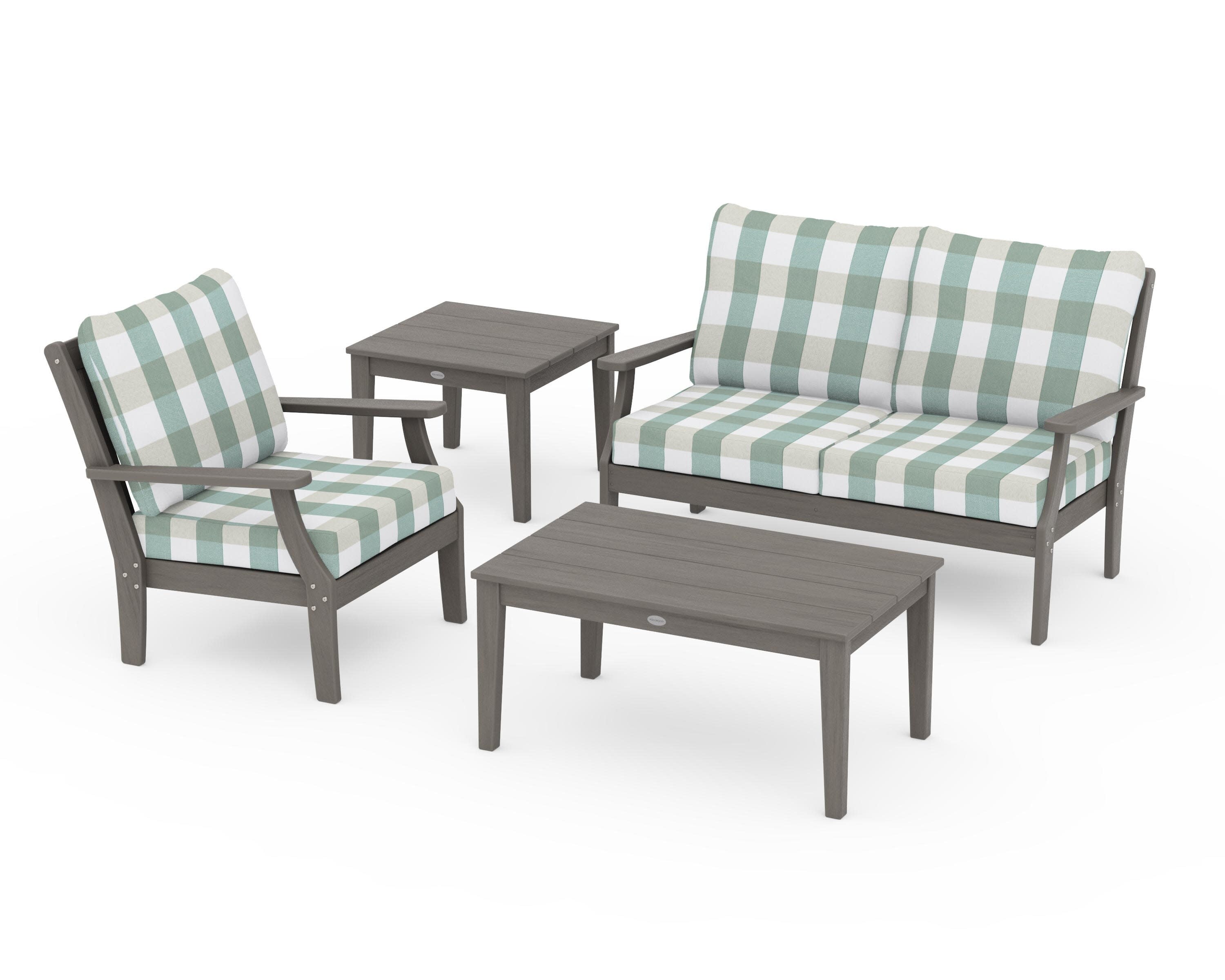 Braxton 4-Piece Deep Seating Set in Driftwood / Buffalo Plaid Glacier Spa