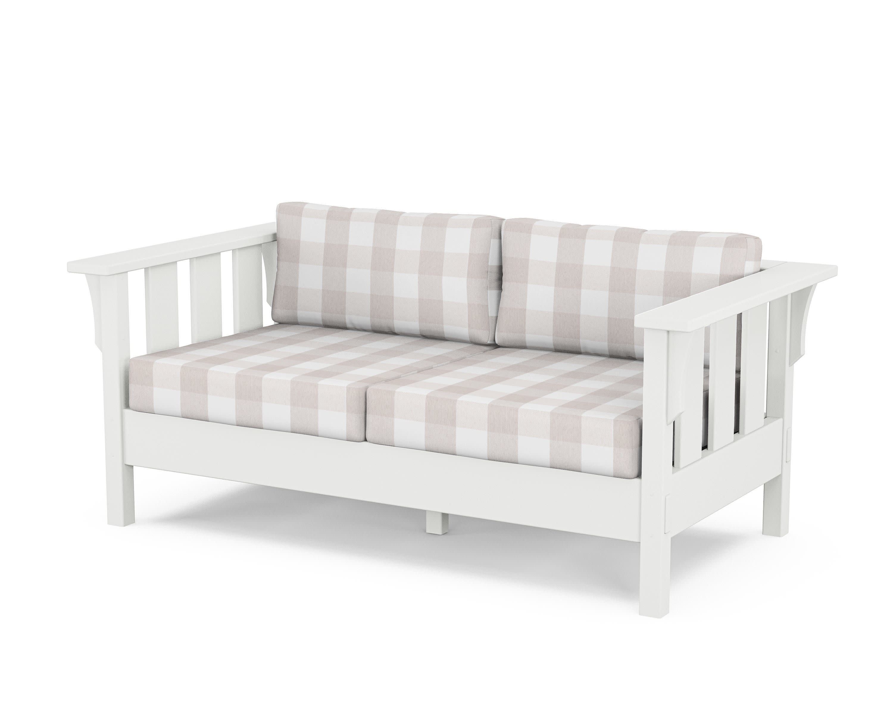 Acadia Deep Seating Loveseat in White / Buffalo Plaid Dune Burlap