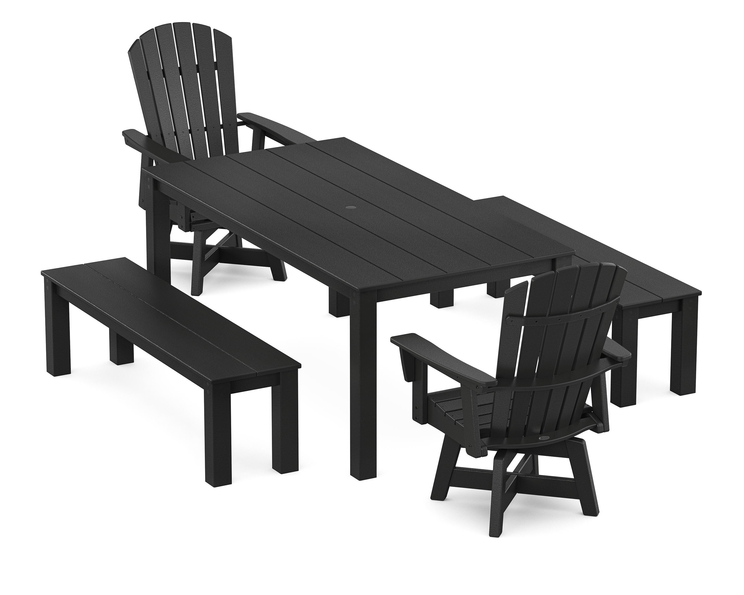 Nautical Curveback Adirondack Swivel 5-Piece Parsons Dining Set with Benches in Black