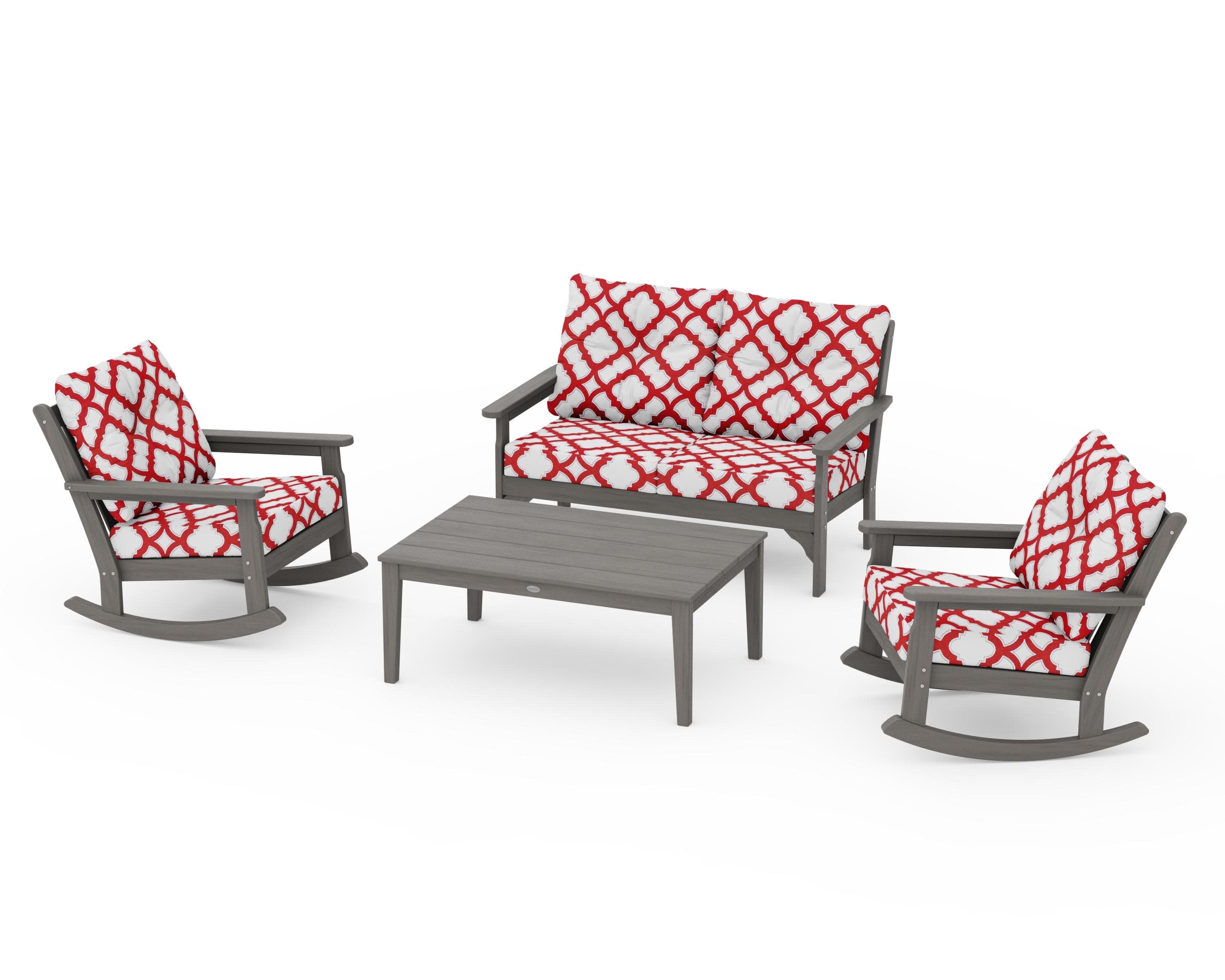 Vineyard 4-Piece Deep Seating Rocking Chair Set in Driftwood / Trellis Crimson