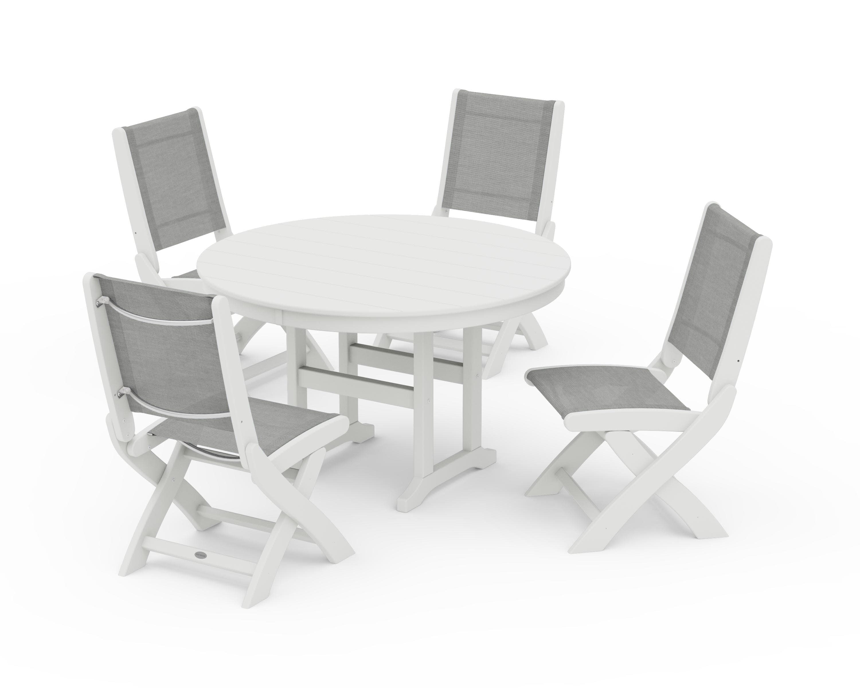 Coastal Folding Side Chair 5-Piece Round Dining Set in Vintage White / Metallic Sling