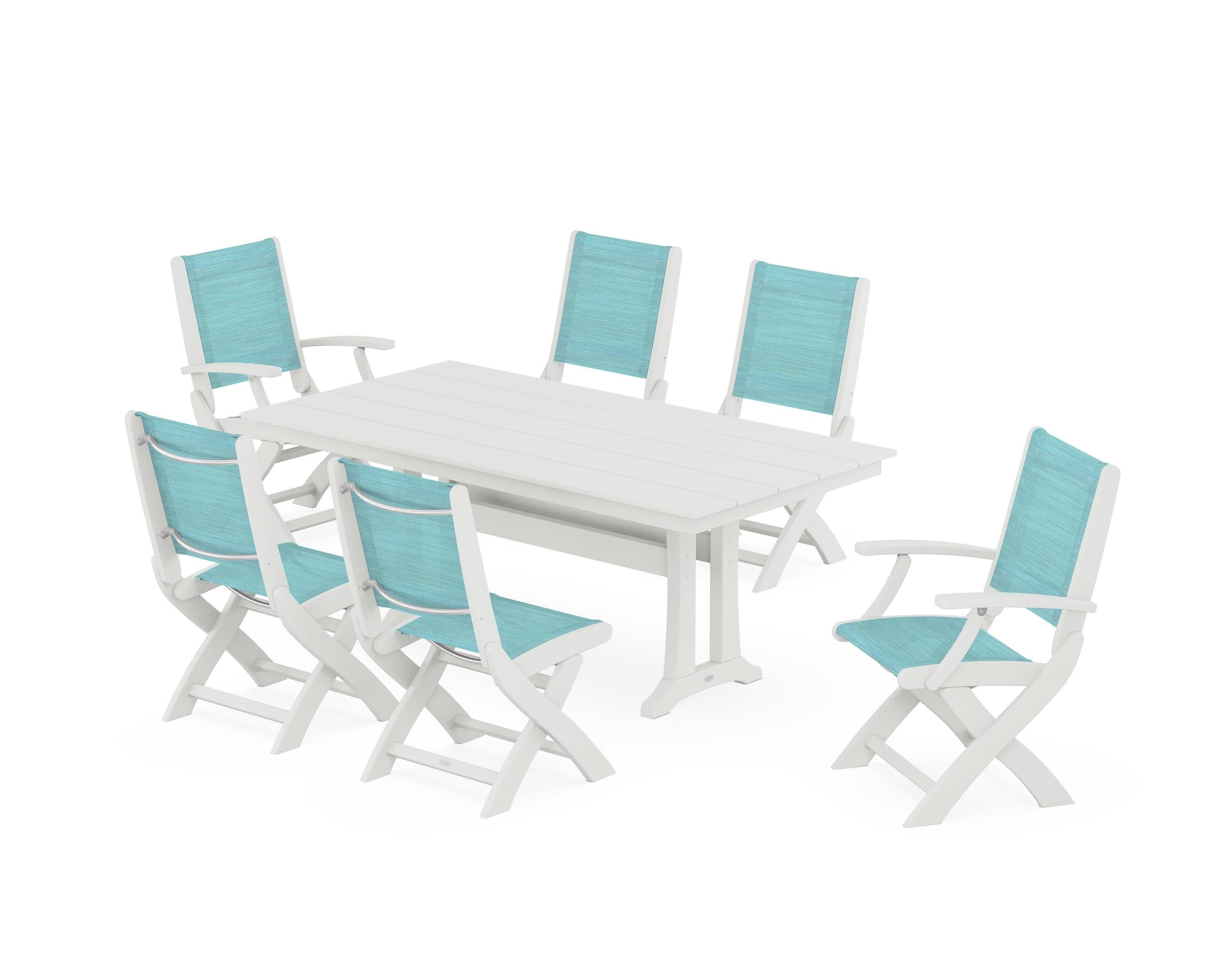 Coastal Folding Chair 7-Piece Farmhouse Dining Set with Trestle Legs in Vintage White / Dupioni Aquamarine Sling