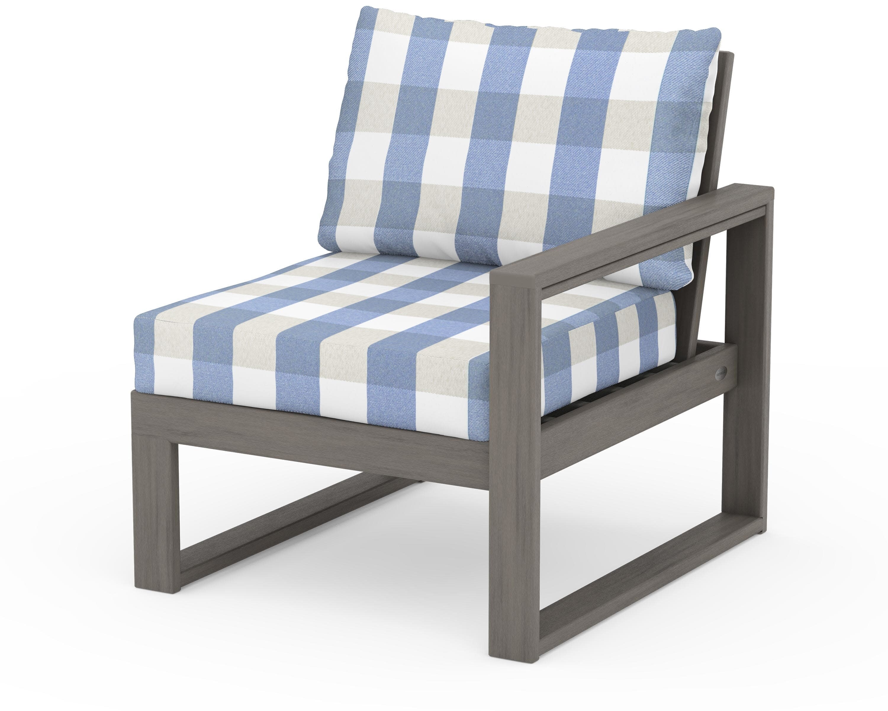 EDGE Modular Right Arm Chair in Driftwood / Buffalo Plaid Sky Blue