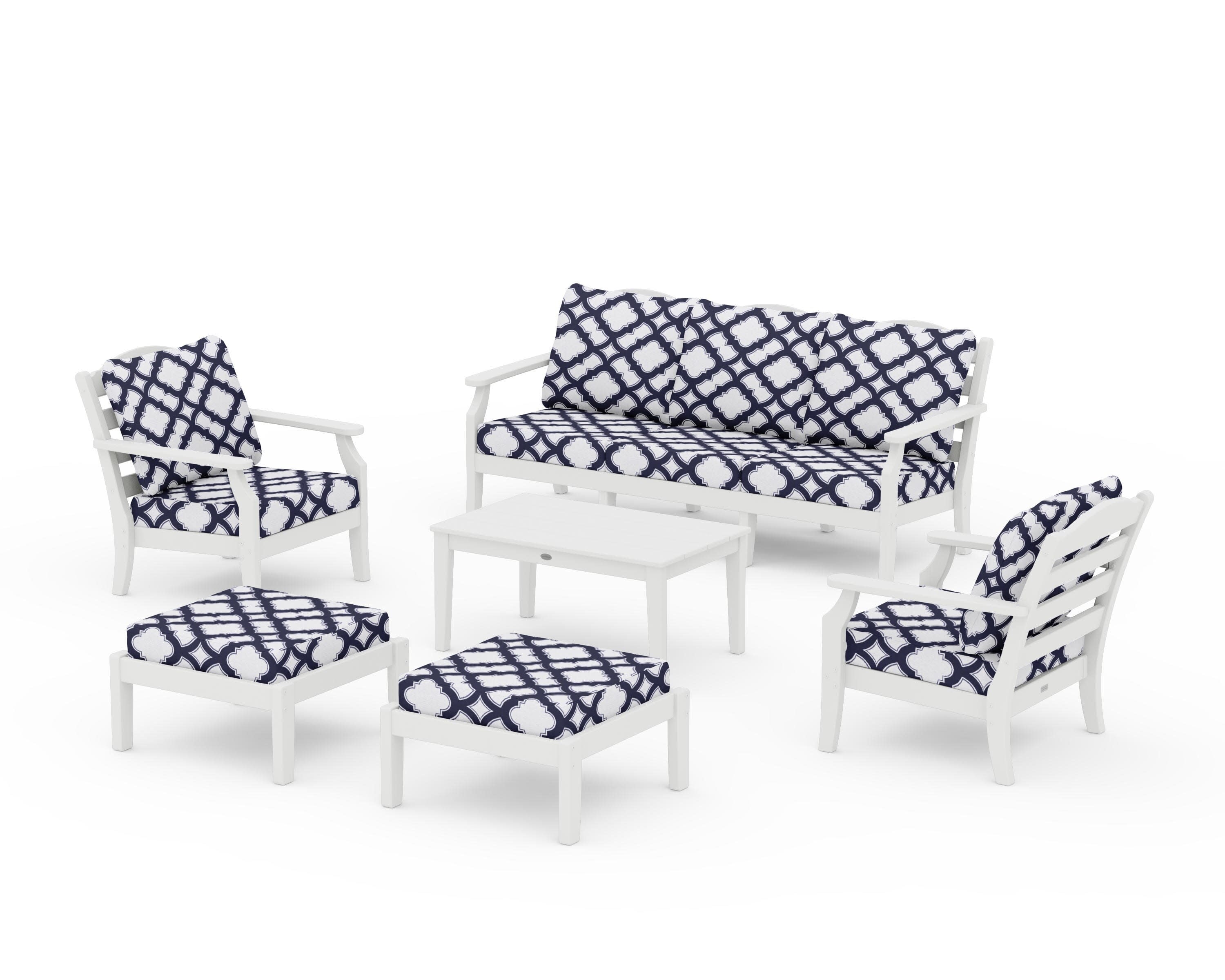 Savannah 6-Piece Lounge Sofa Set in White / Trellis Navy