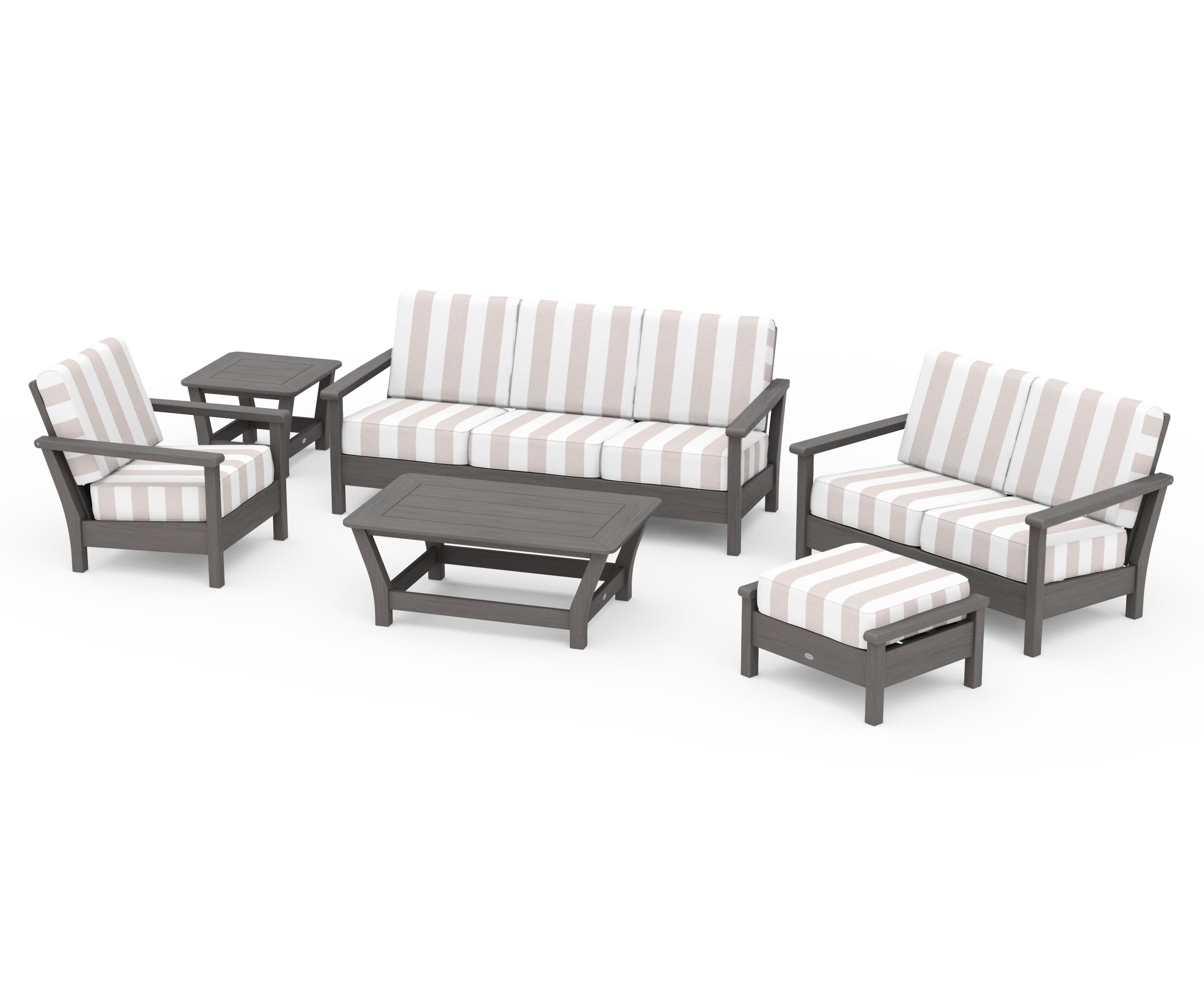 Harbour 6-Piece Outdoor Living Set in Driftwood / Cabana Stripe Dune Burlap