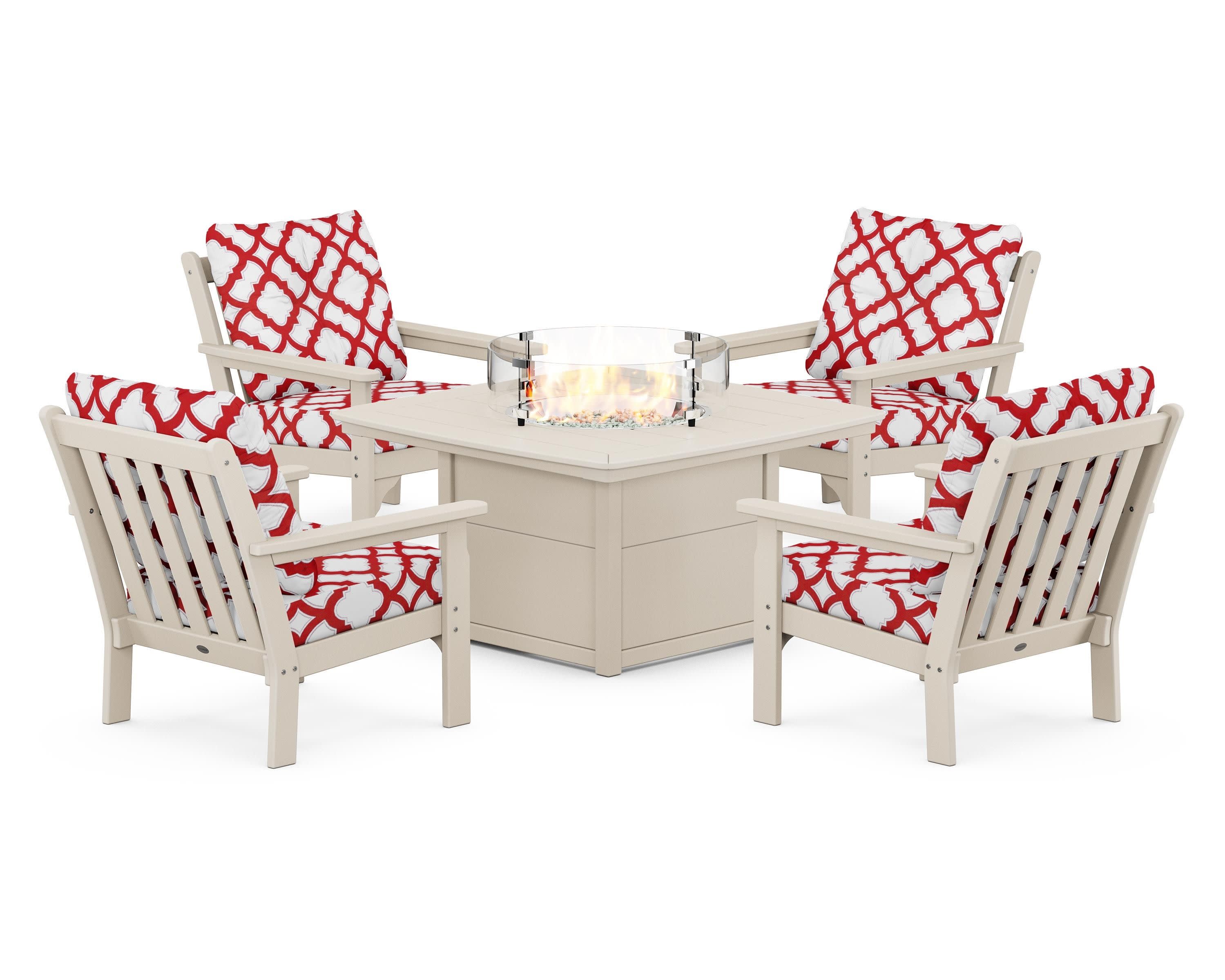 Vineyard 5-Piece Conversation Set with Fire Pit Table in Sand / Trellis Crimson