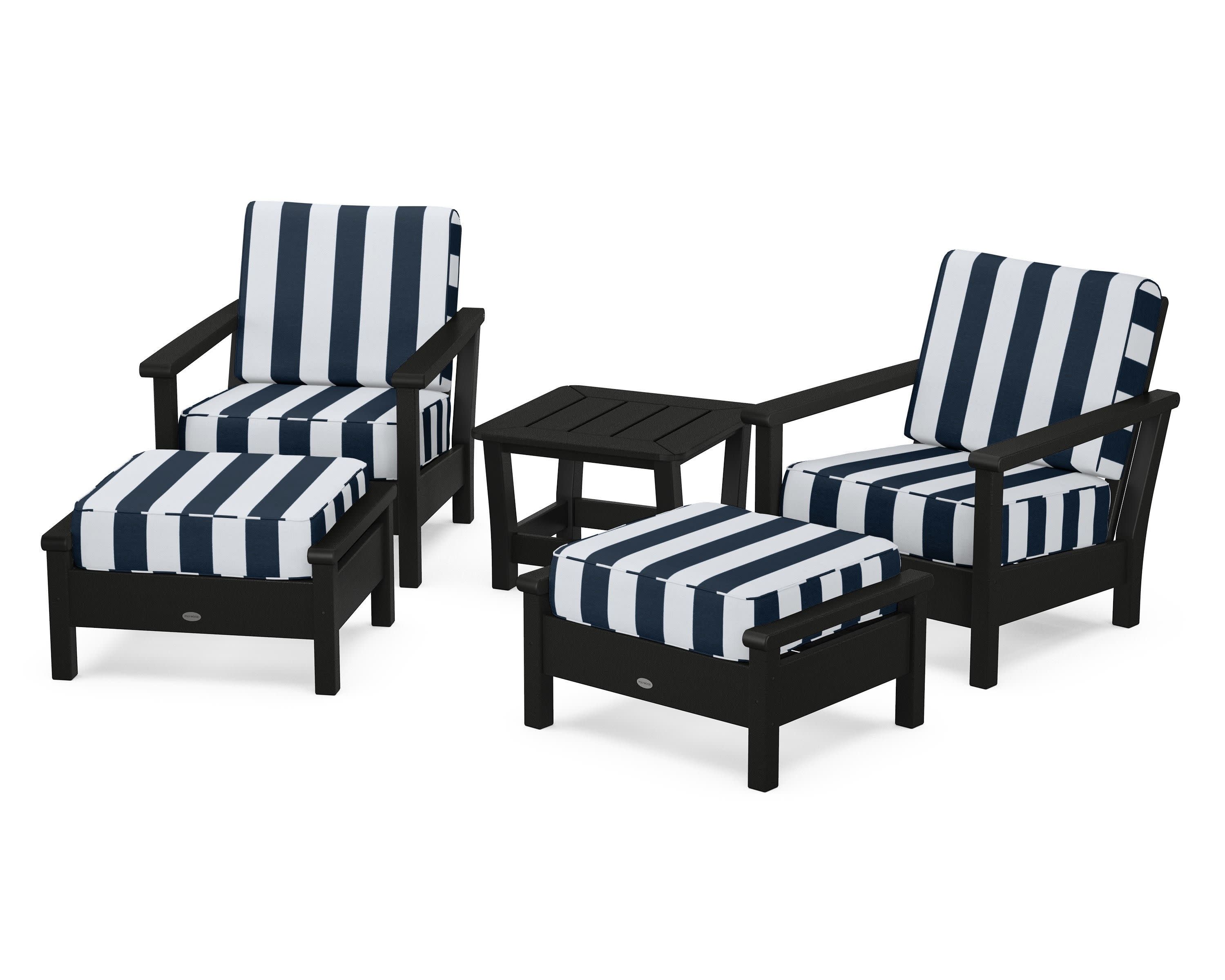 Harbour 5-Piece Deep Seating Chair Set in Black / Cabana Stripe Marine Indigo