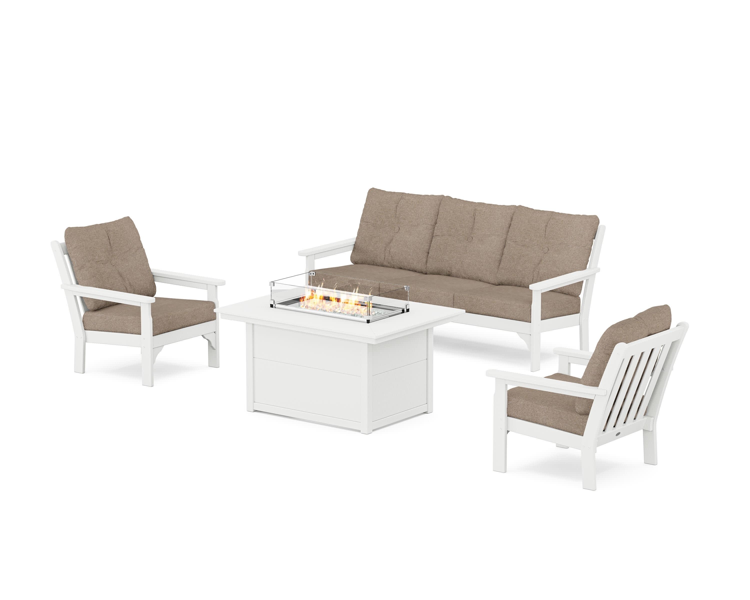 Vineyard Deep Seating Fire Pit Table Set in White / Spiced Burlap