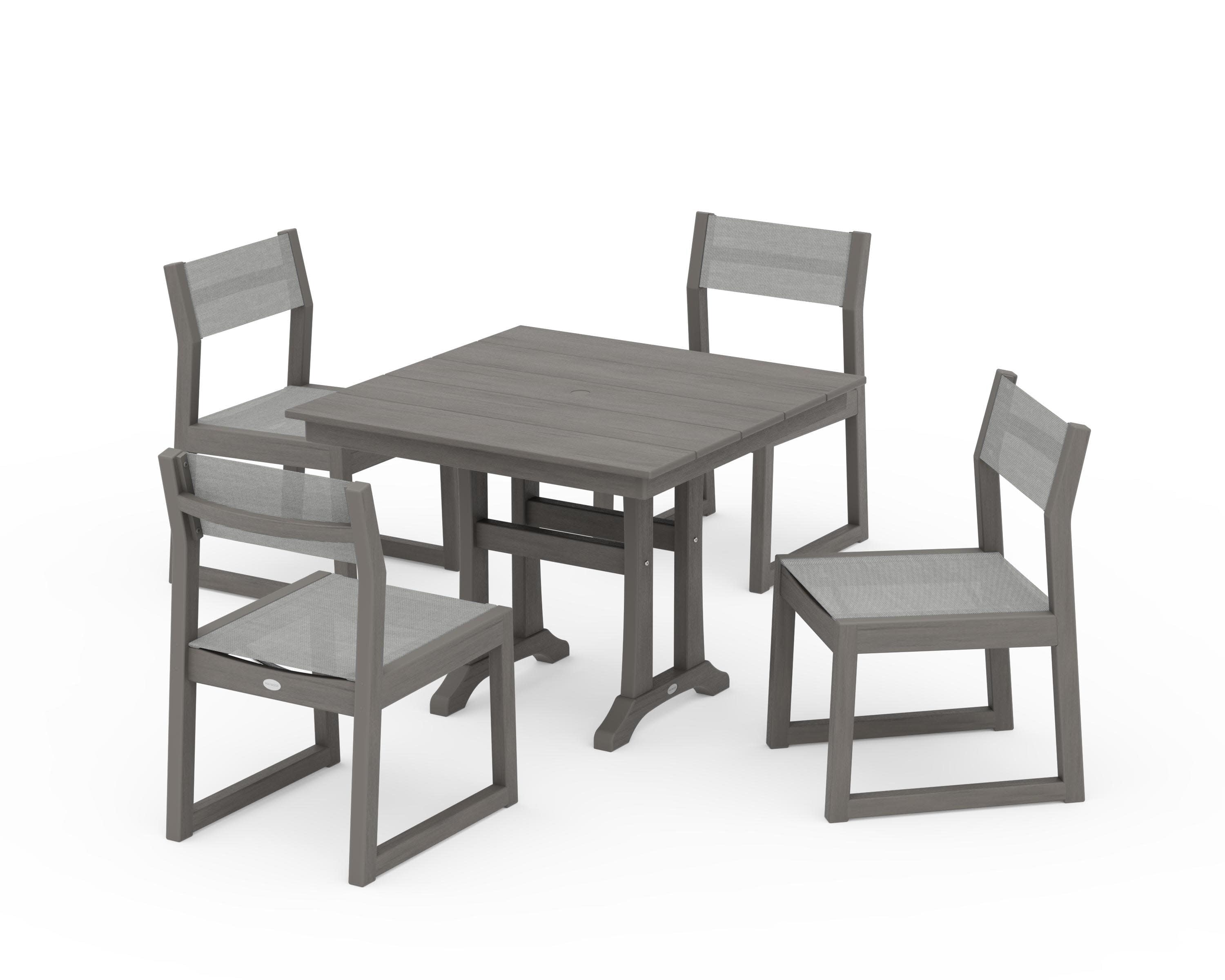 EDGE Sling 5-Piece Farmhouse Trestle Side Chair Dining Set in Driftwood / Metallic Sling