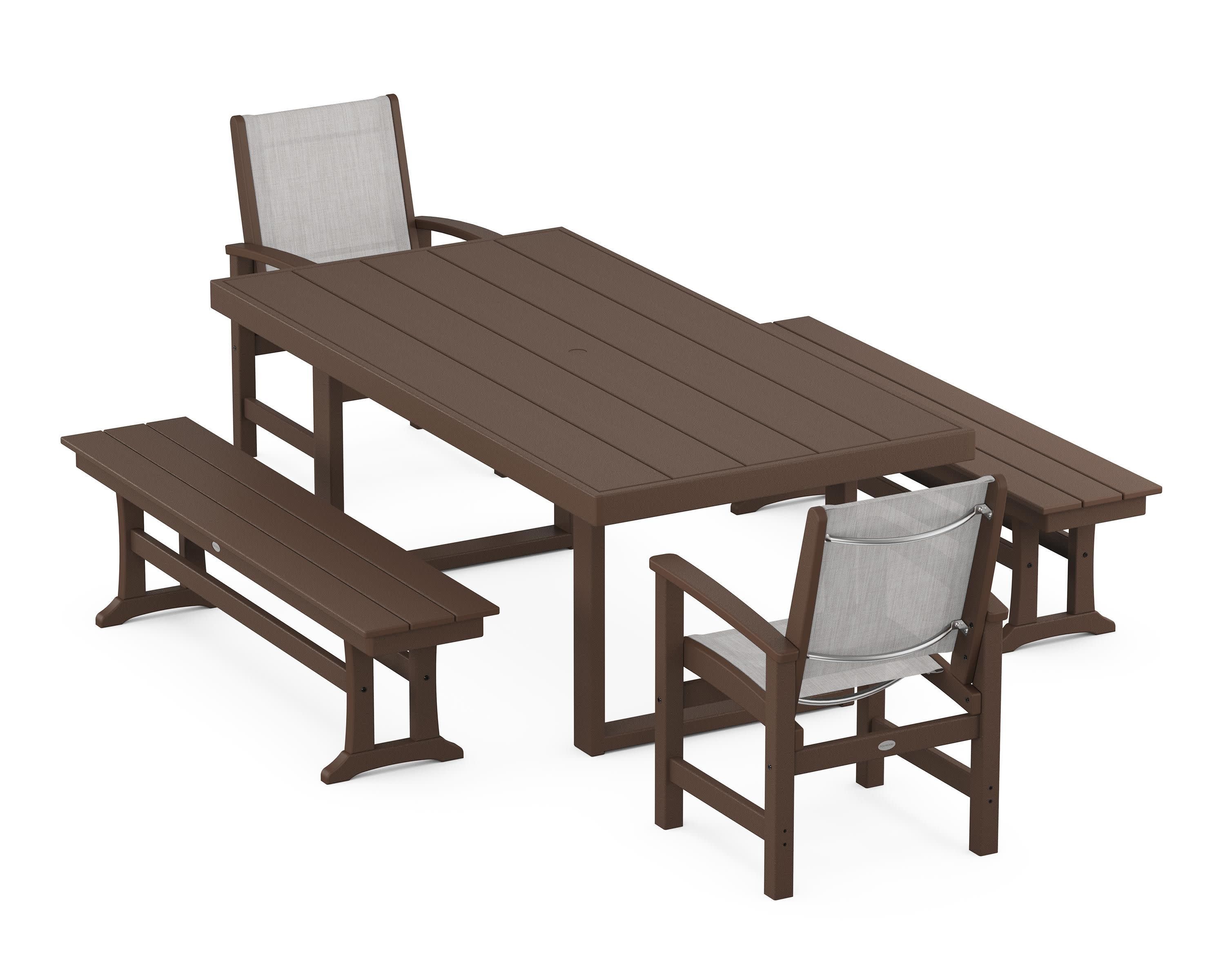 Coastal 5-Piece Dining Set with Trestle Legs in Mahogany / Parchment Sling