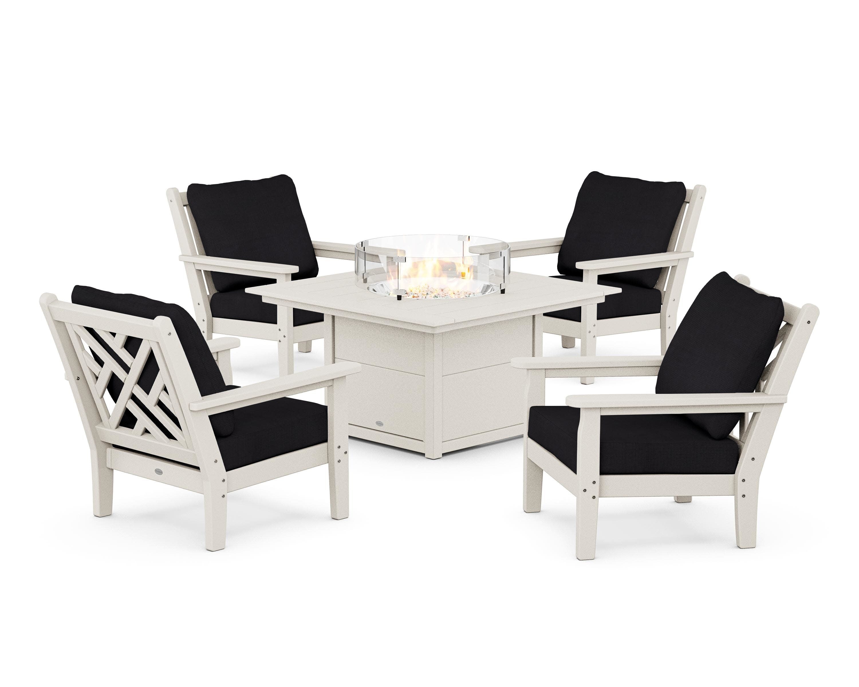 Chippendale 5-Piece Deep Seating Set with Fire Pit Table in Sand / Midnight Linen