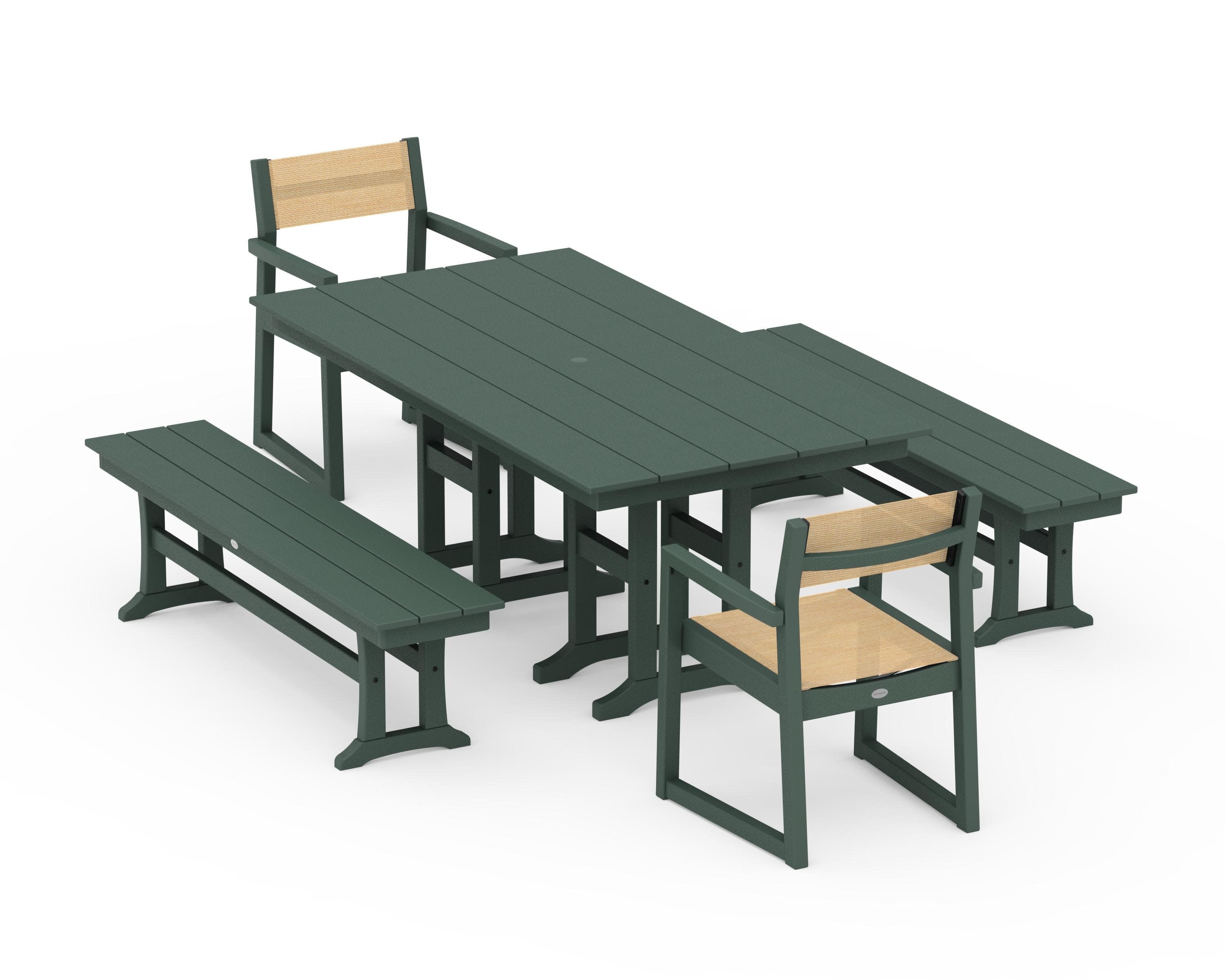 EDGE Sling Arm Chair 5-Piece Farmhouse Dining Set with Benches in Green / Dupioni Apricot Sling