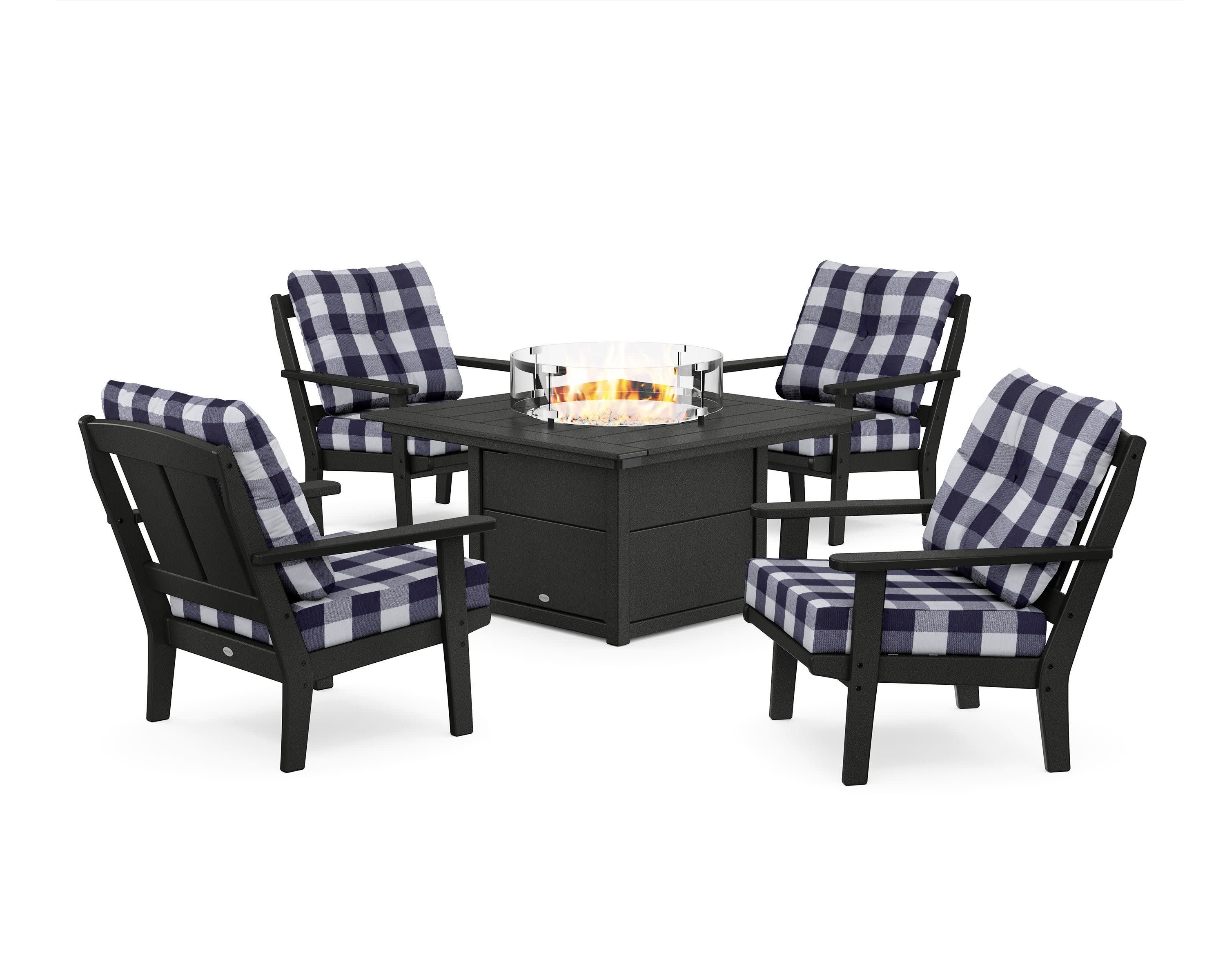 Mission 5-Piece Deep Seating Set with Fire Pit Table in Black / Buffalo Plaid Navy