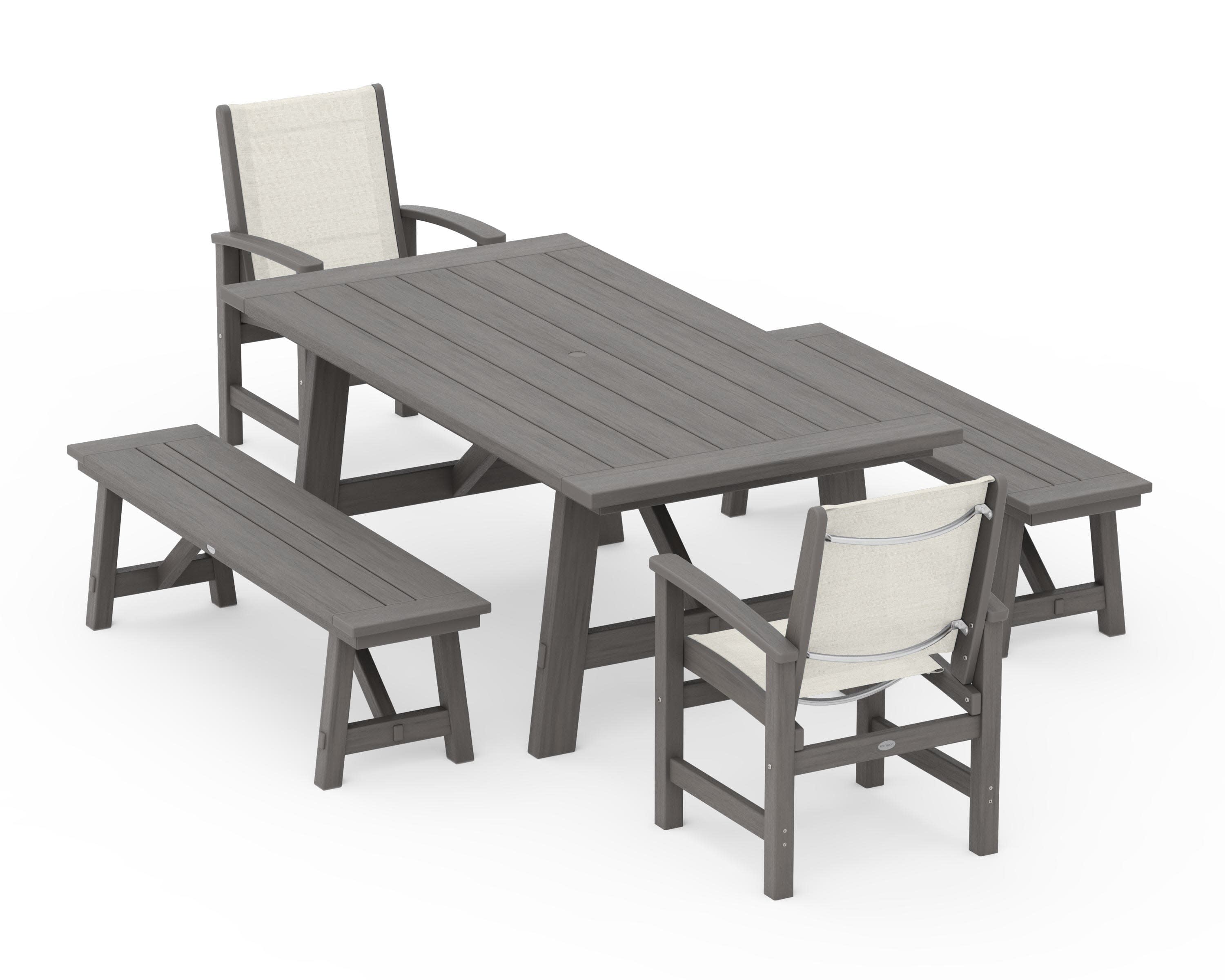 Coastal 5-Piece Rustic Farmhouse Dining Set With Benches in Driftwood / Parchment Sling