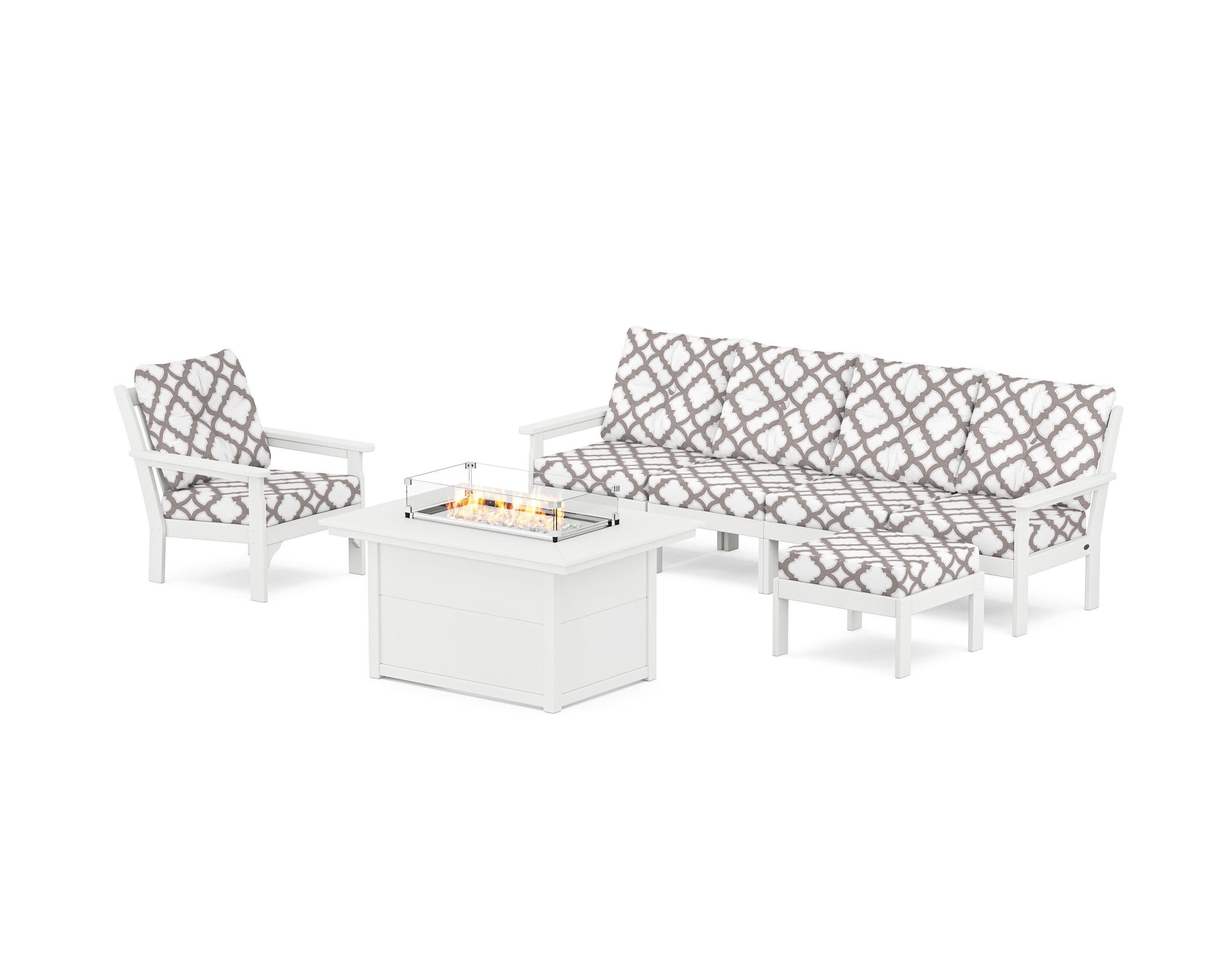 Vineyard Sectional Lounge and Fire Pit Set in White / Trellis Grey Mist