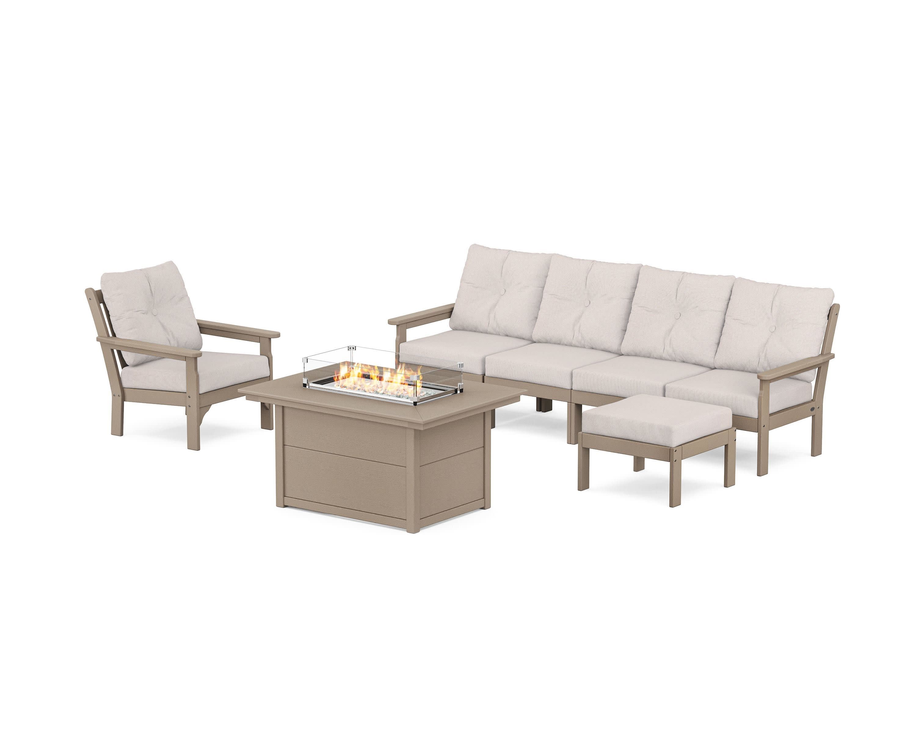 Vineyard Sectional Lounge and Fire Pit Set in Vintage Sahara / Dune Burlap