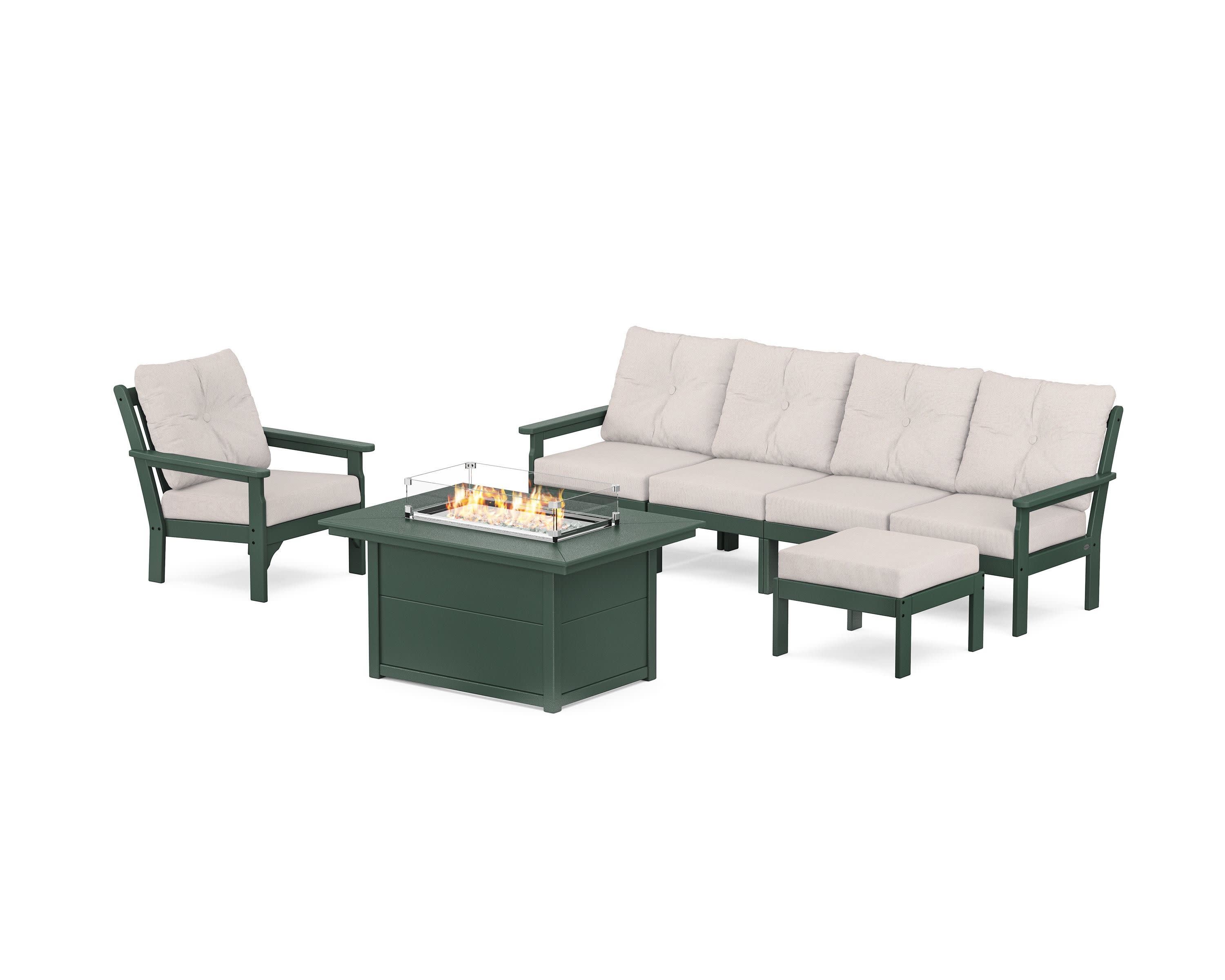 Vineyard Sectional Lounge and Fire Pit Set in Green / Dune Burlap
