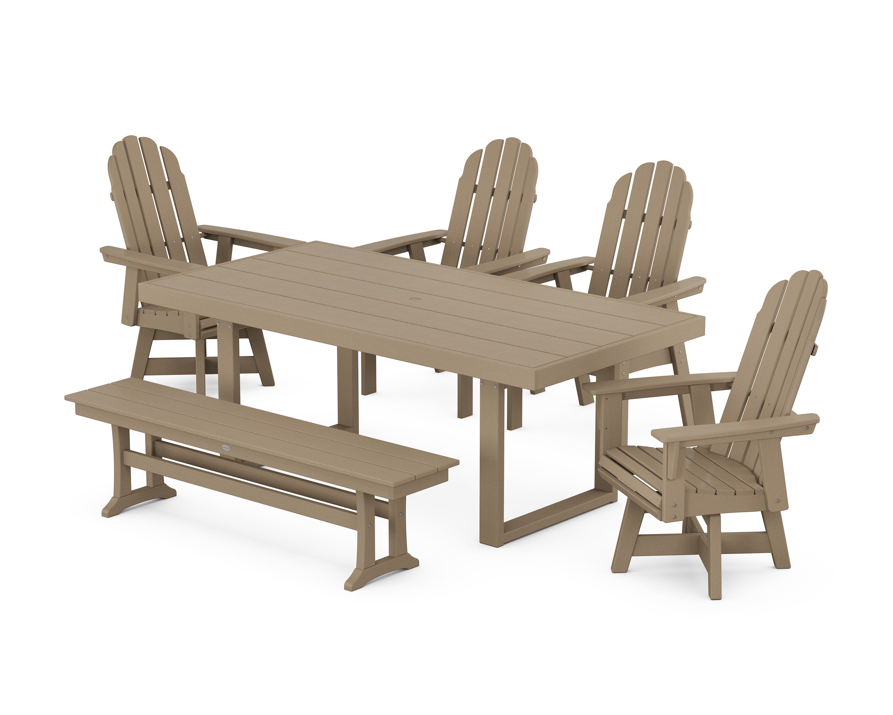 Vineyard Curveback Adirondack Swivel Chair 6-Piece Dining Set with Bench in Vintage Sahara
