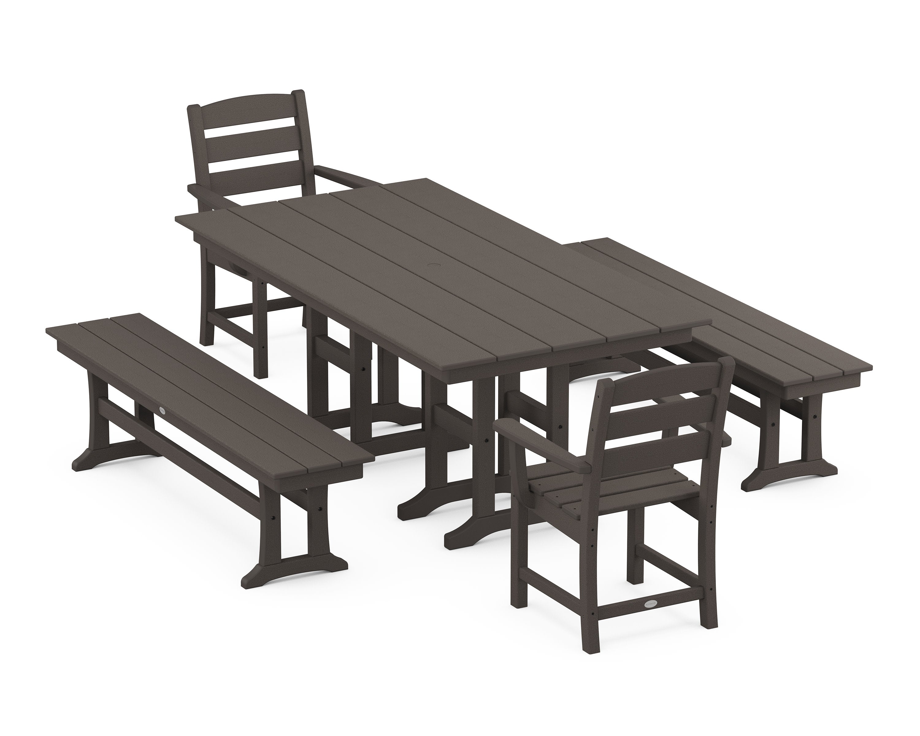 Lakeside 5-Piece Farmhouse Dining Set with Benches in Vintage Coffee