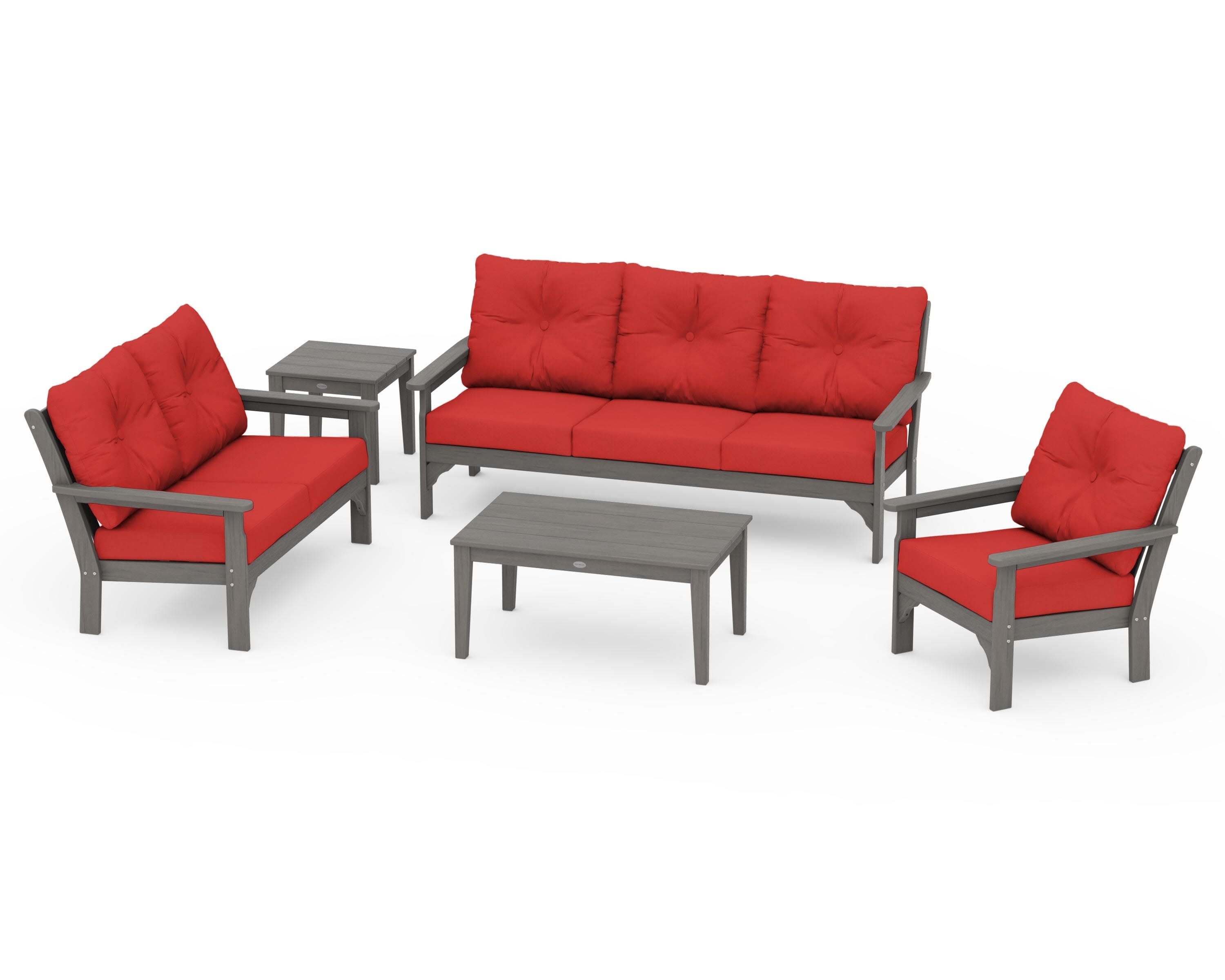 Vineyard 5 Piece Deep Seating Set in Driftwood / Crimson Linen