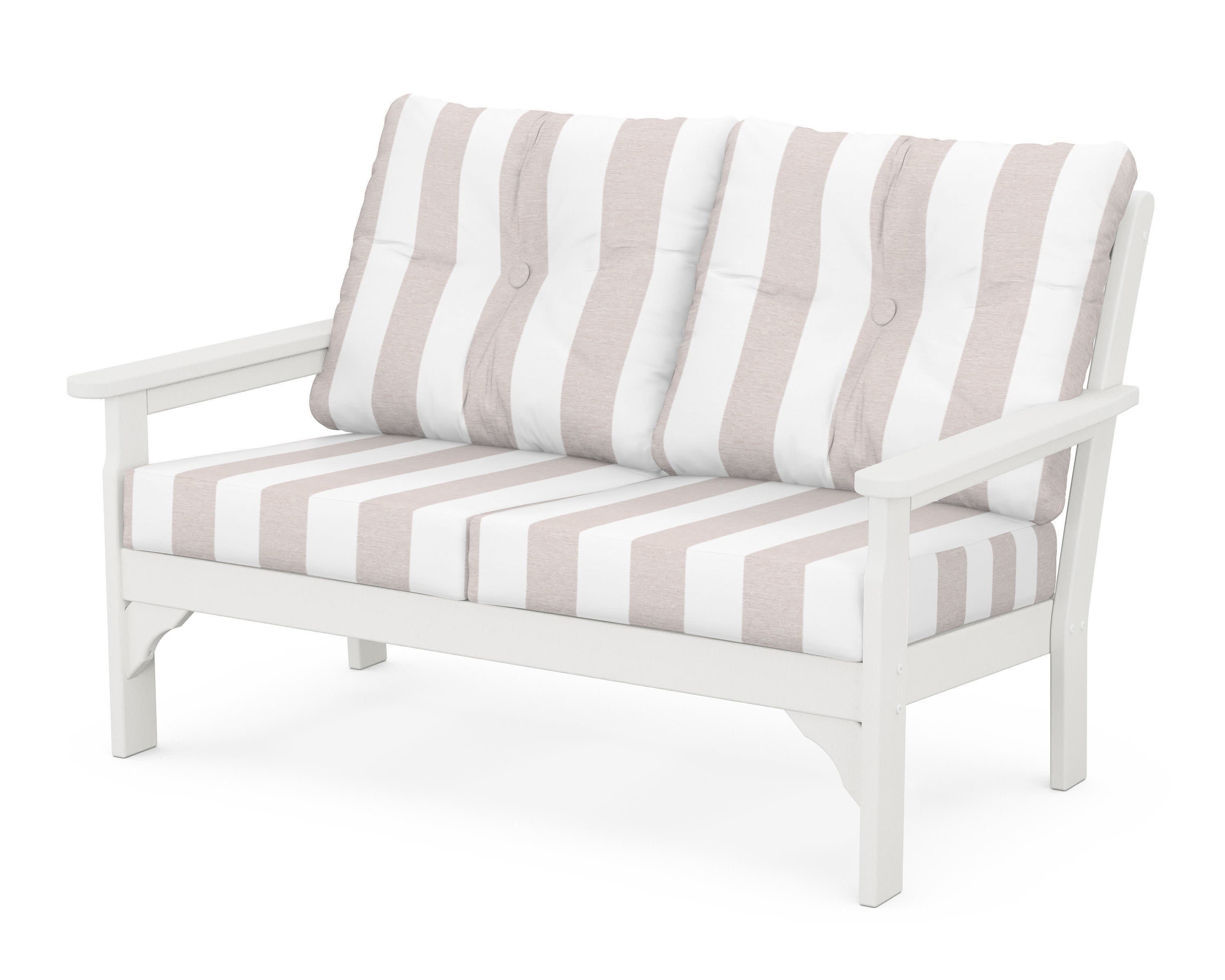 Vineyard Deep Seating Loveseat in Vintage White / Cabana Stripe Dune Burlap