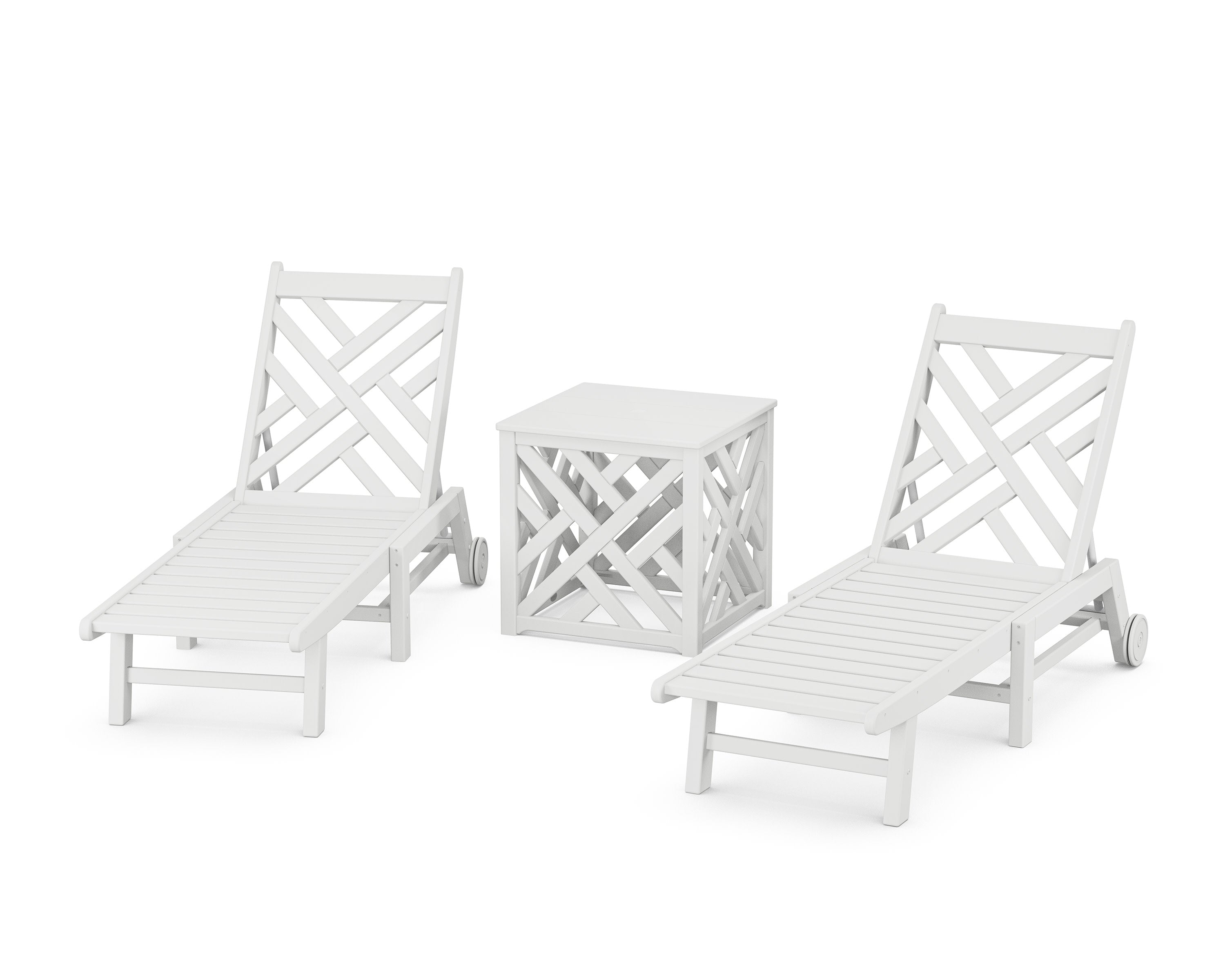 Chippendale 3-Piece Chaise Set with Wheels and Umbrella Stand Accent Table in White