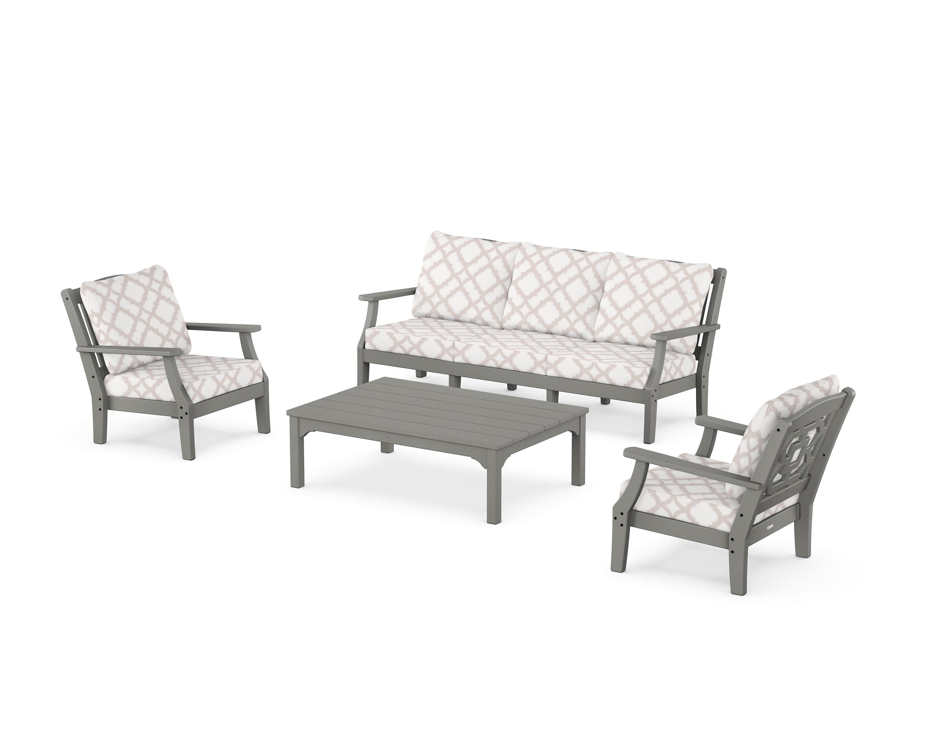 Chinoiserie 4-Piece Deep Seating Set with Sofa in Slate Grey / Trellis Dune Burlap