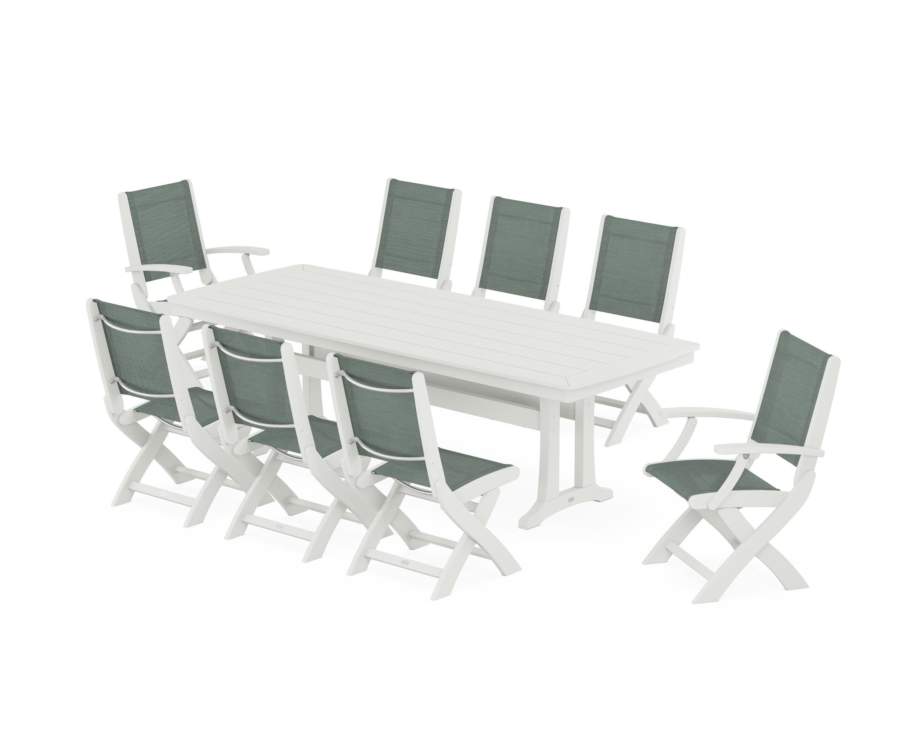 Coastal Folding 9-Piece Dining Set with Trestle Legs in Vintage White / Dupioni Sea Mist Sling