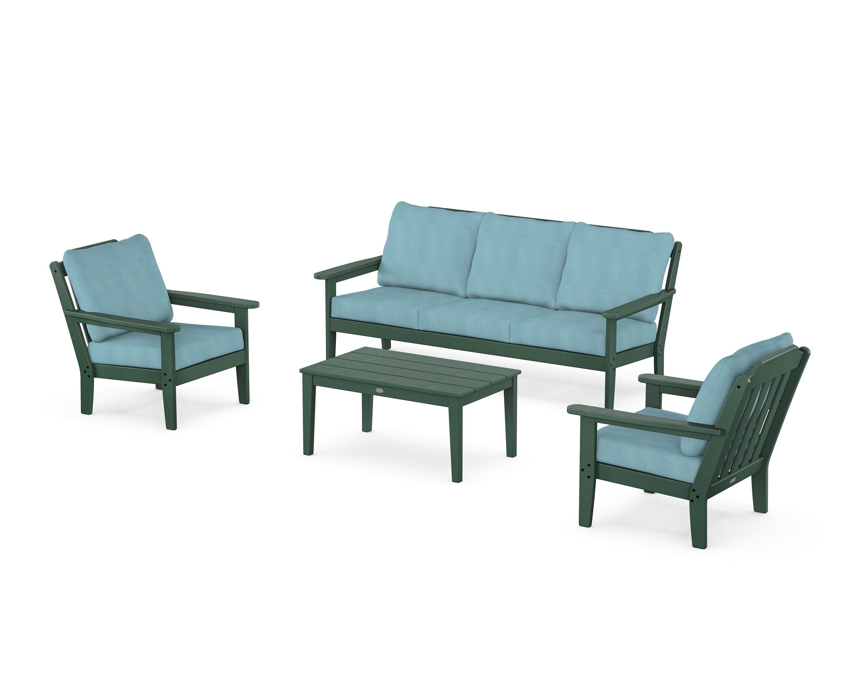 Cottage 4-Piece Deep Seating Set with Sofa in Green / Lattice Sky Blue