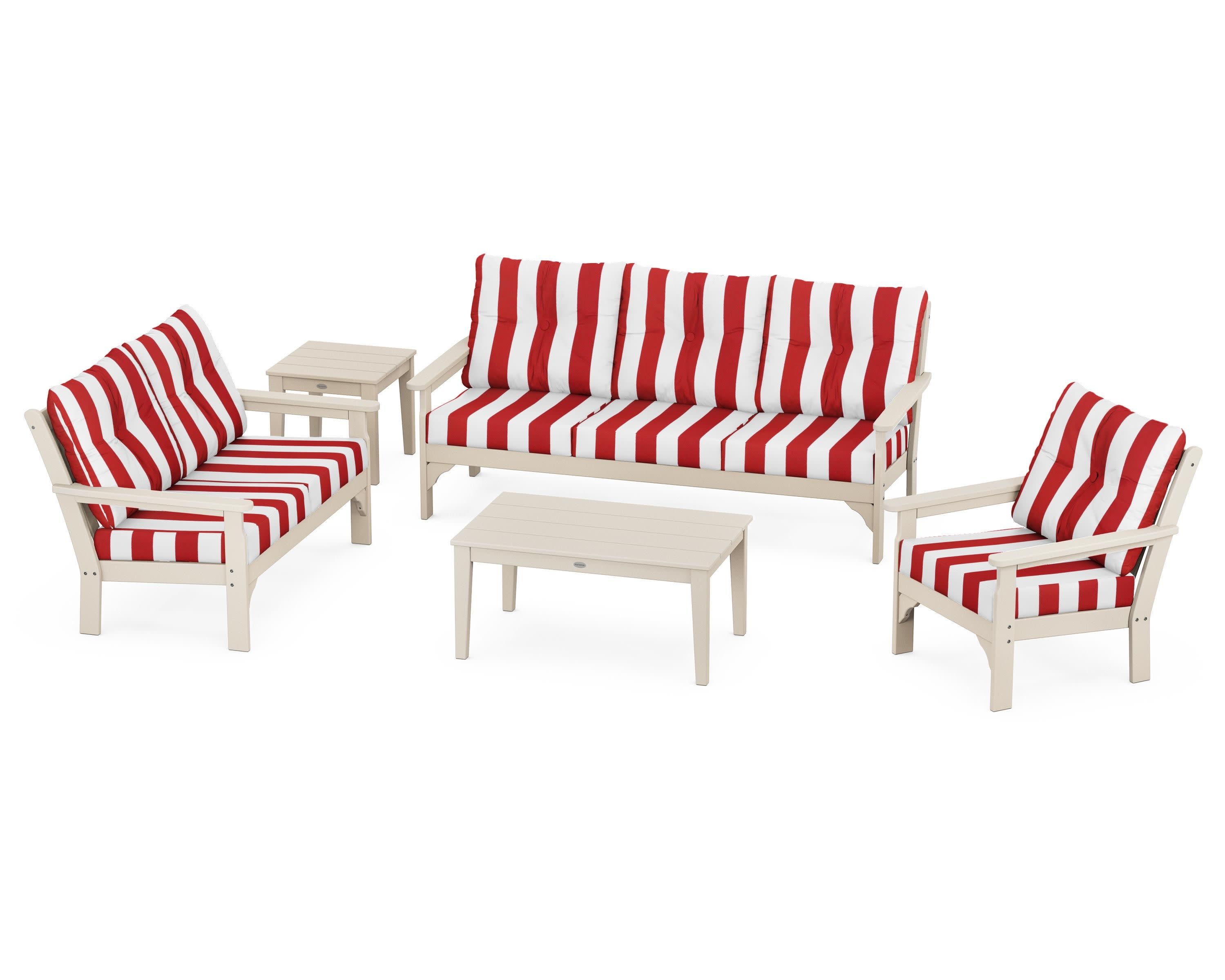 Vineyard 5 Piece Deep Seating Set in Sand / Cabana Stripe Crimson
