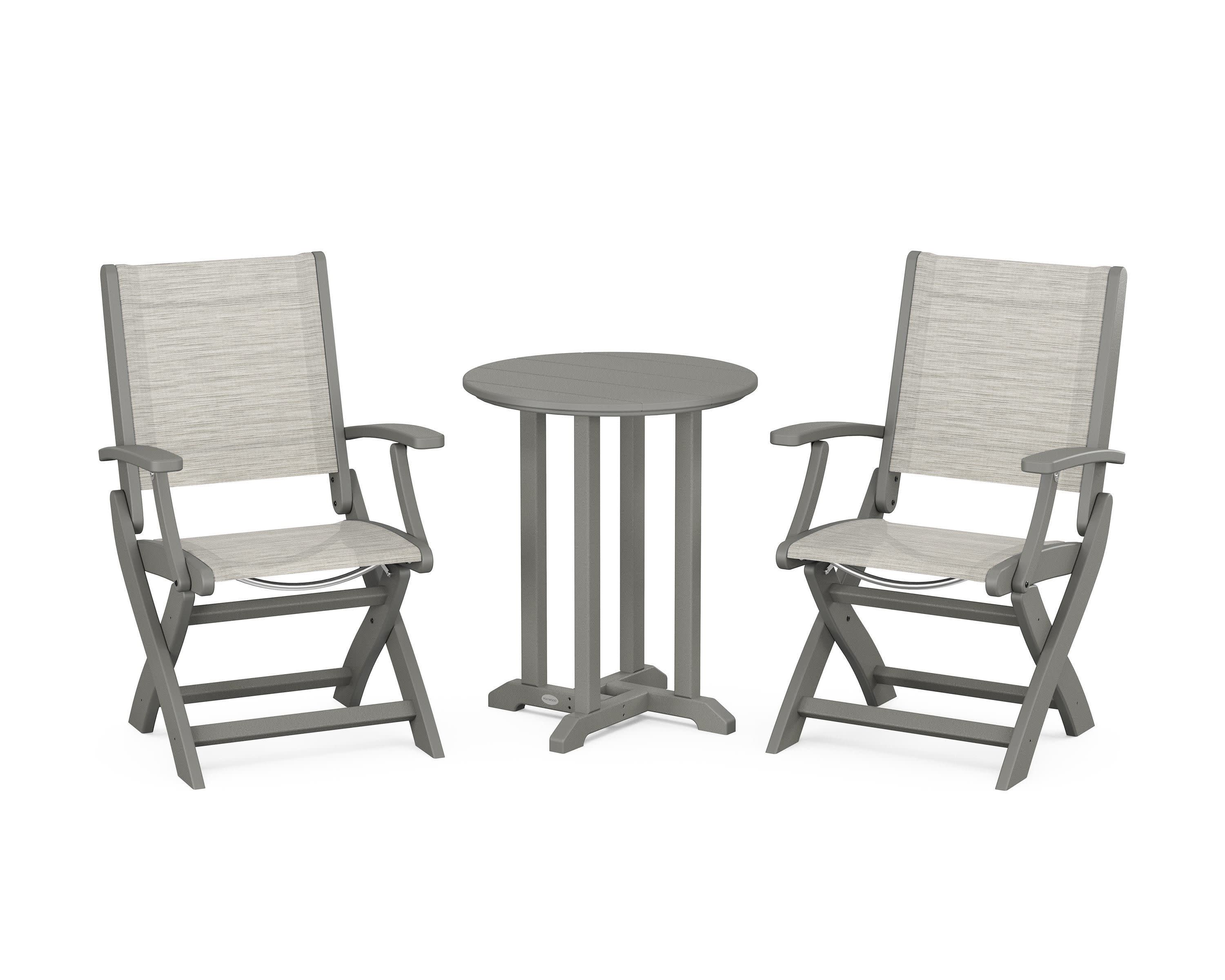 Coastal Folding 3-Piece Round Bistro Dining Set in Slate Grey / Birch Sling