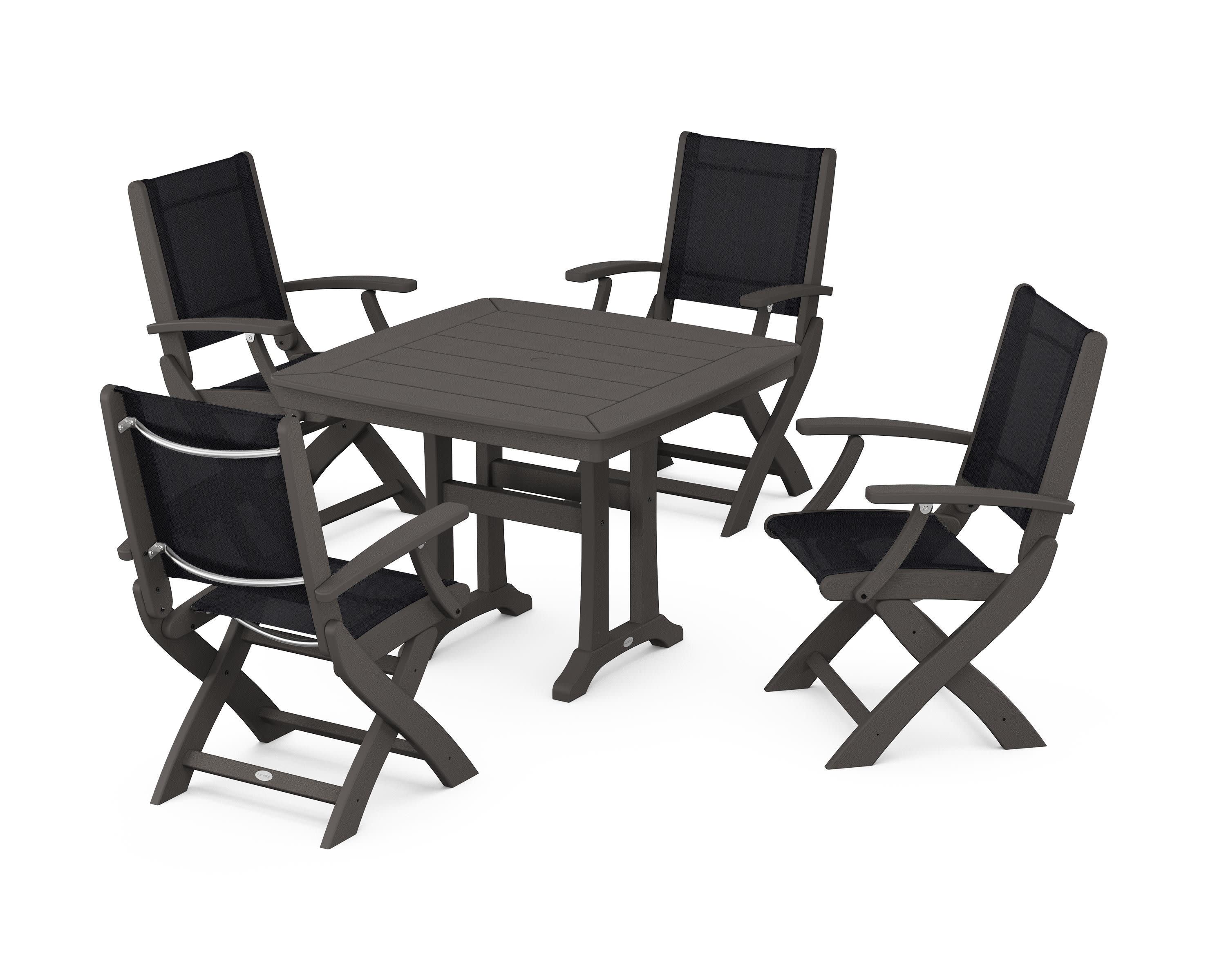 Coastal Folding Chair 5-Piece Dining Set with Trestle Legs in Vintage Coffee / Black Sling
