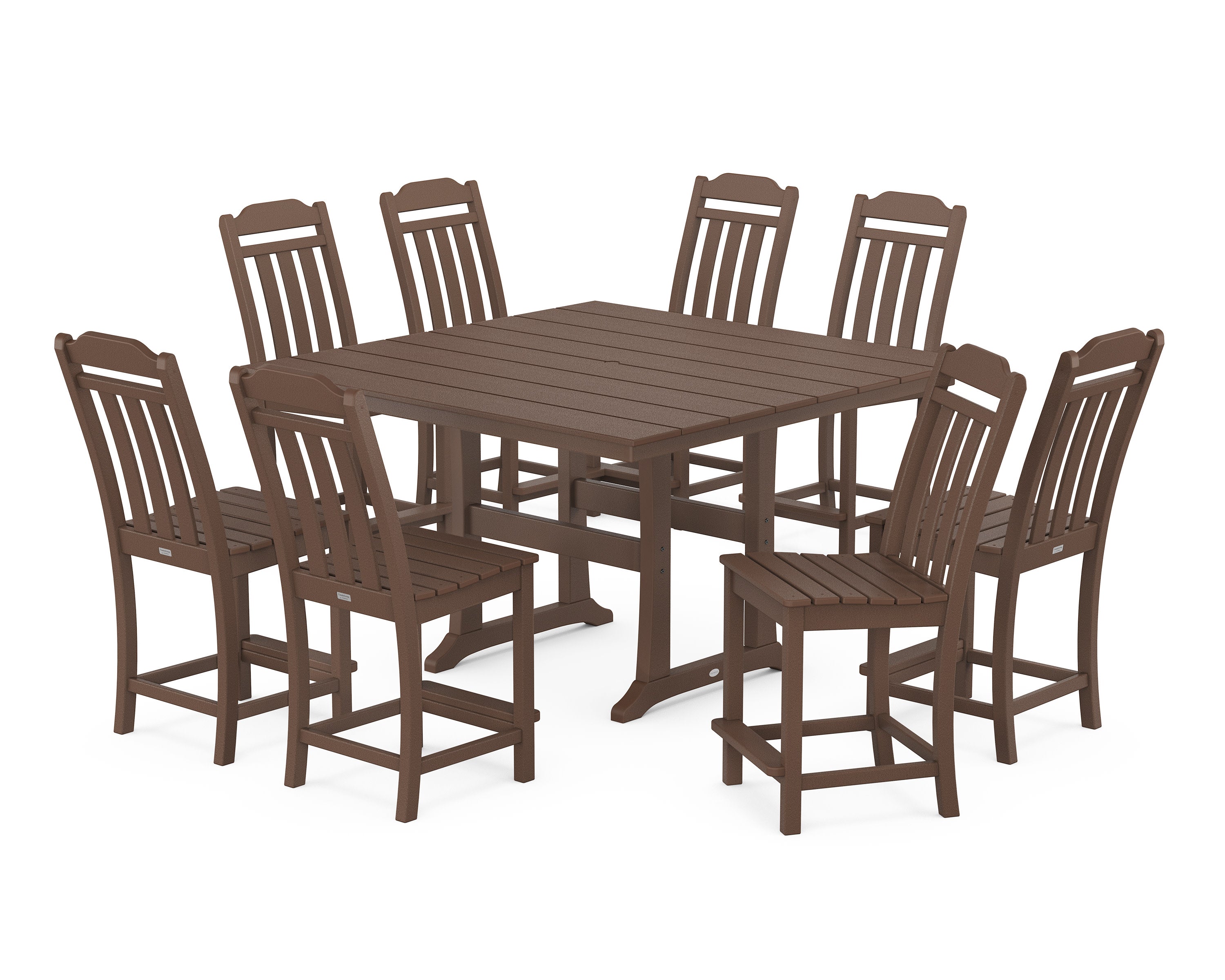 Cottage 9-Piece Square Farmhouse Side Chair Counter Set with Trestle Legs in Mahogany