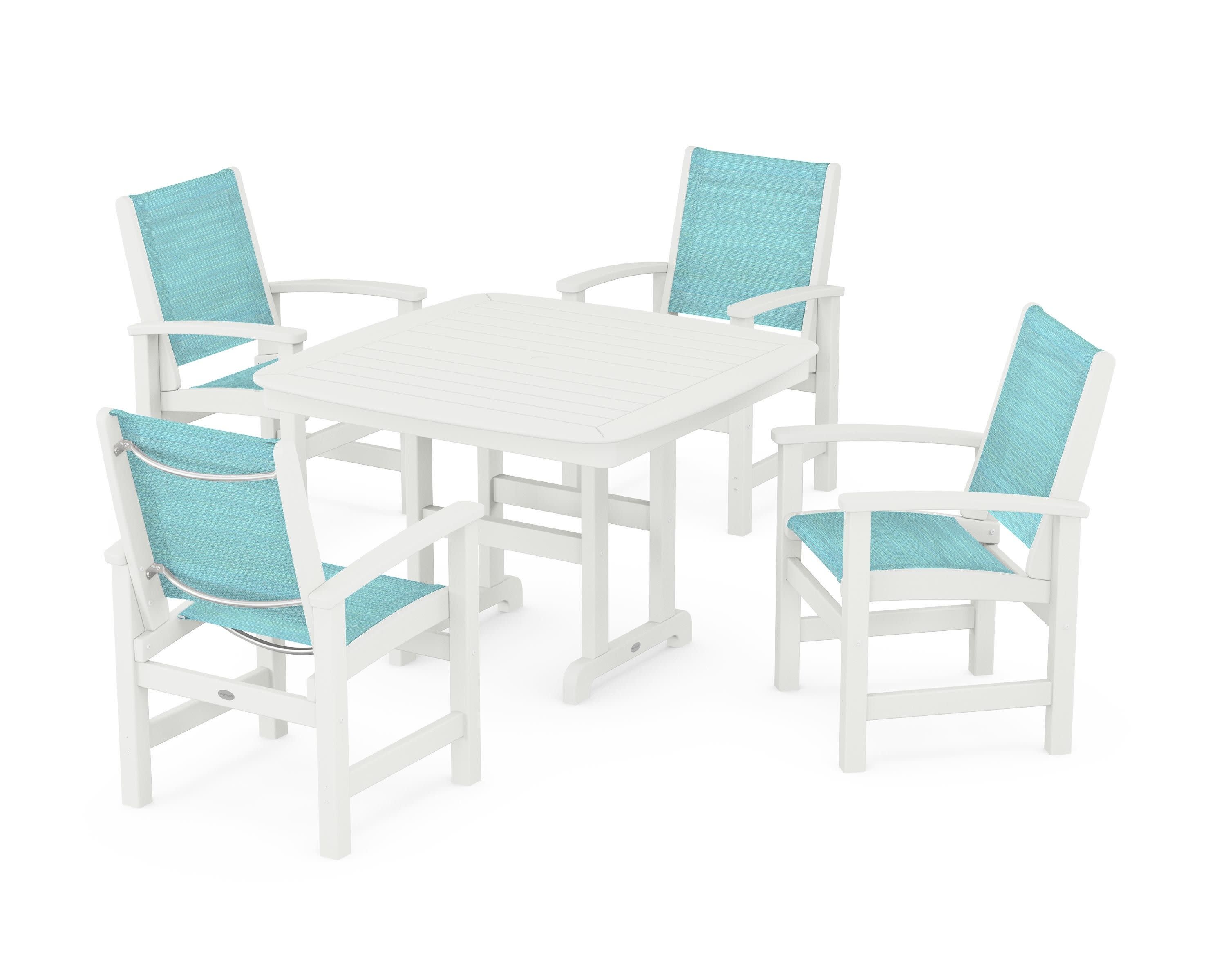 Coastal 5-Piece Dining Set in Vintage White / Dupioni Aquamarine Sling